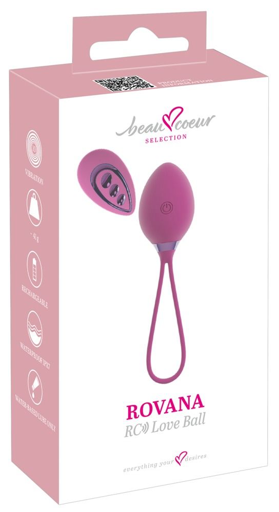 Verpackung einer lila Vibro-Kugel mit Fernbedienung, zeigt Produktmerkmale.