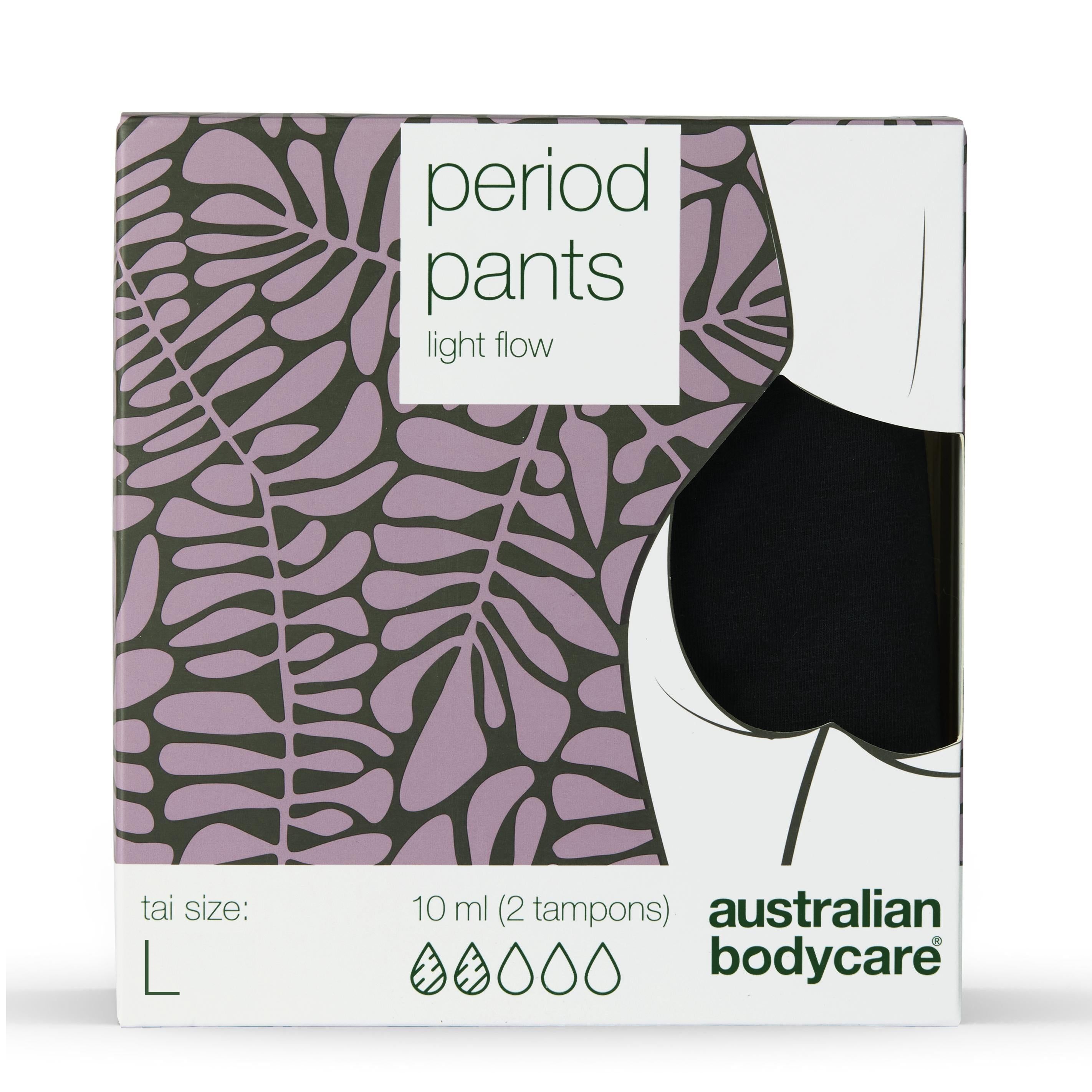 Schwarze Periodenunterwäsche in Verpackung. Aufschrift: Period Pants, light flow. Größe L. Marke: Australian Bodycare.