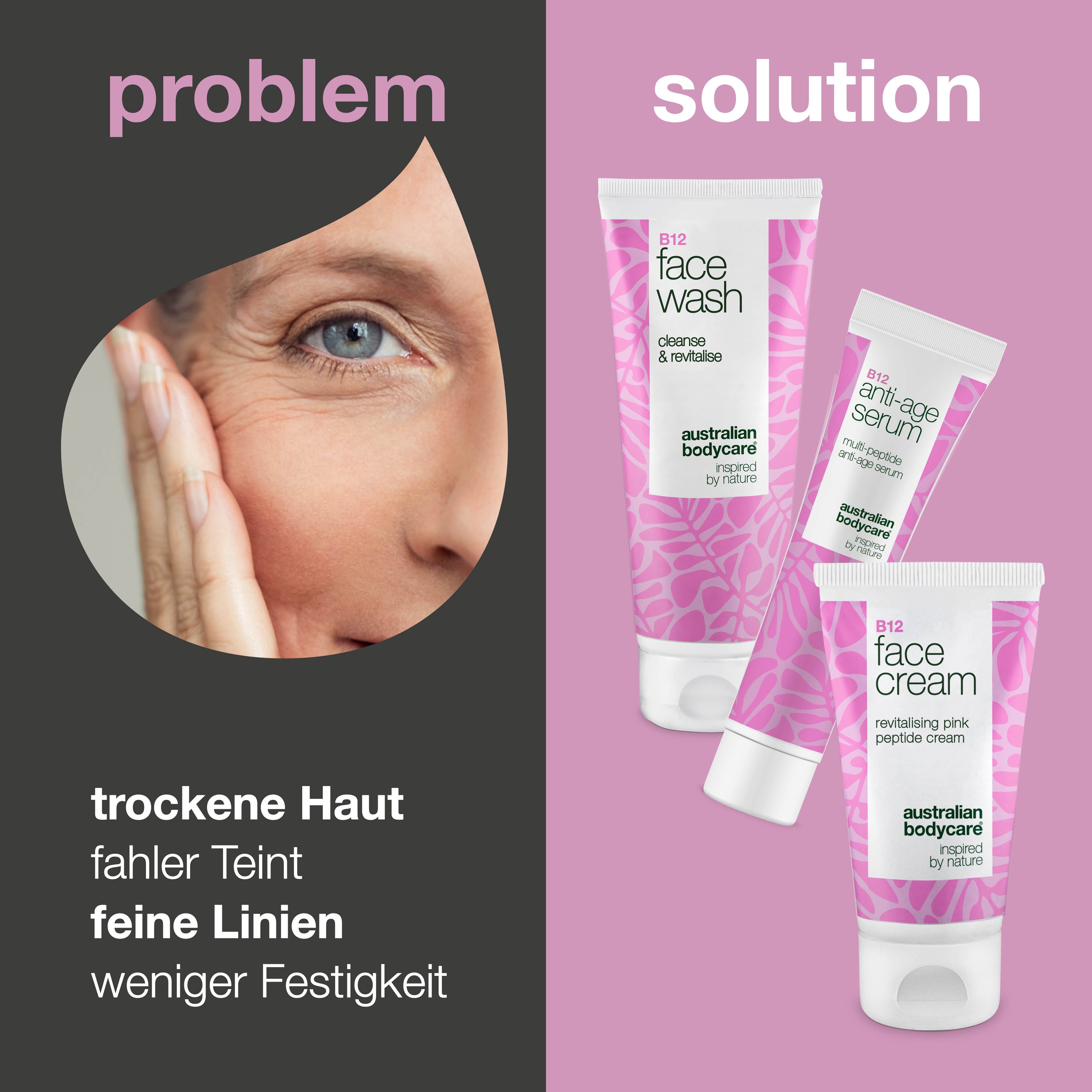 Gesicht einer Frau mit Falten. Daneben drei Tuben: Face Wash, Face Cream, Anti-Age Serum. Text: Problem/Solution.