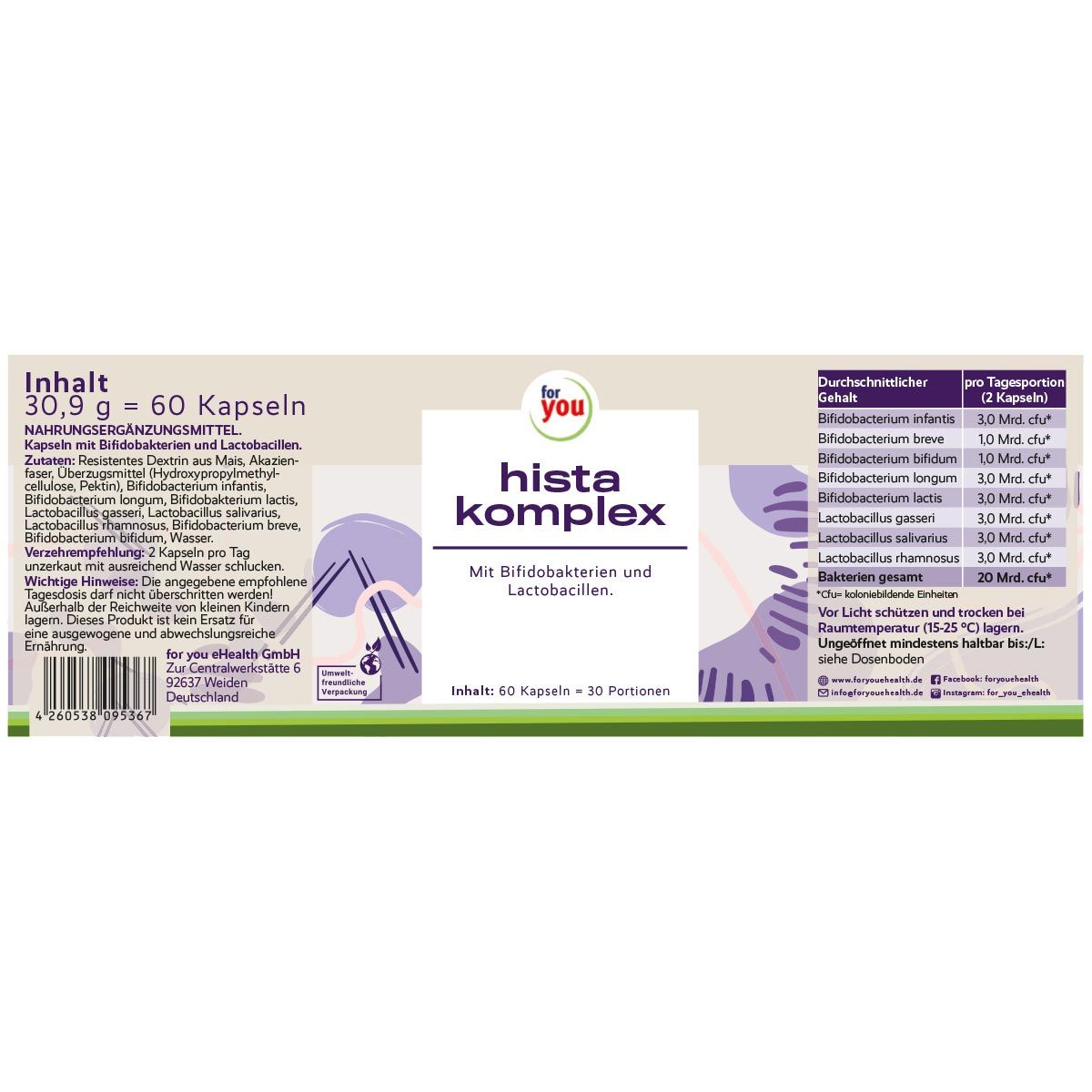 Verpackung „for you Hista Komplex“ mit Text. 60 Kapseln. Text: Bifidobakterien, Lactobacillen. Nährwertangaben.