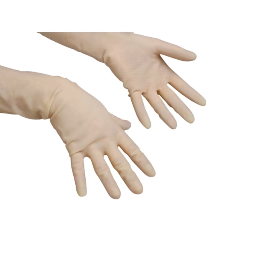 Zwei hellfarbene Handschuhe, die Hände bedecken. Die Handschuhe sind aus einem flexiblen Material gefertigt und haben lange Ärmel.