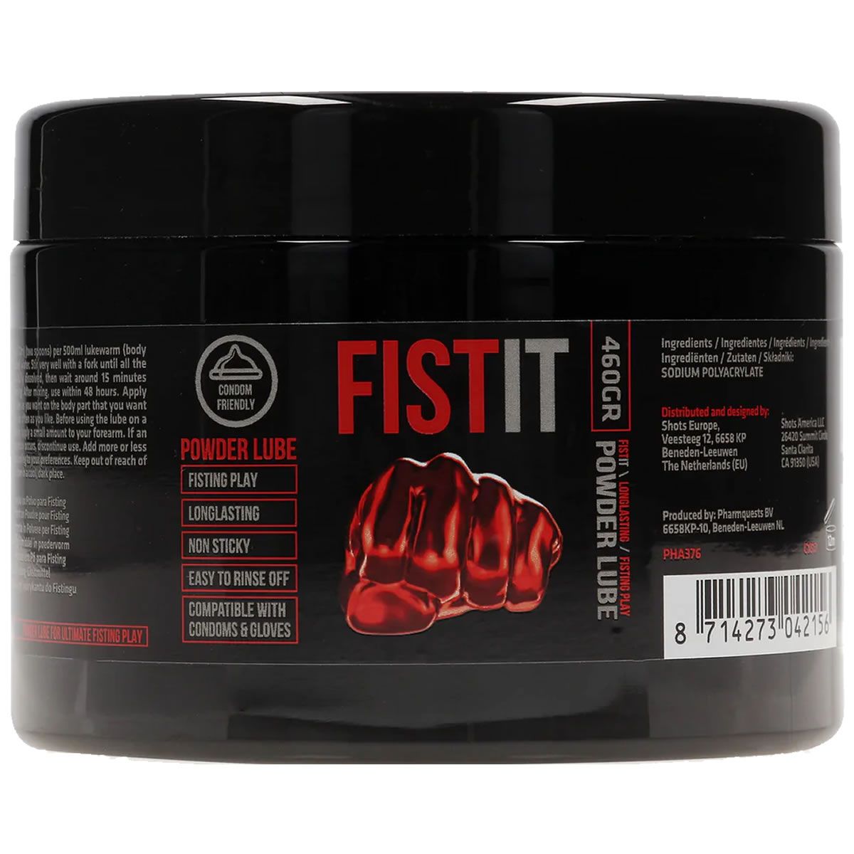 Schwarzer Behälter mit rotem Aufdruck. Text: FISTIT, Powder Lube, 460GR. Abbildung einer roten Faust. Kondomfreundlich.