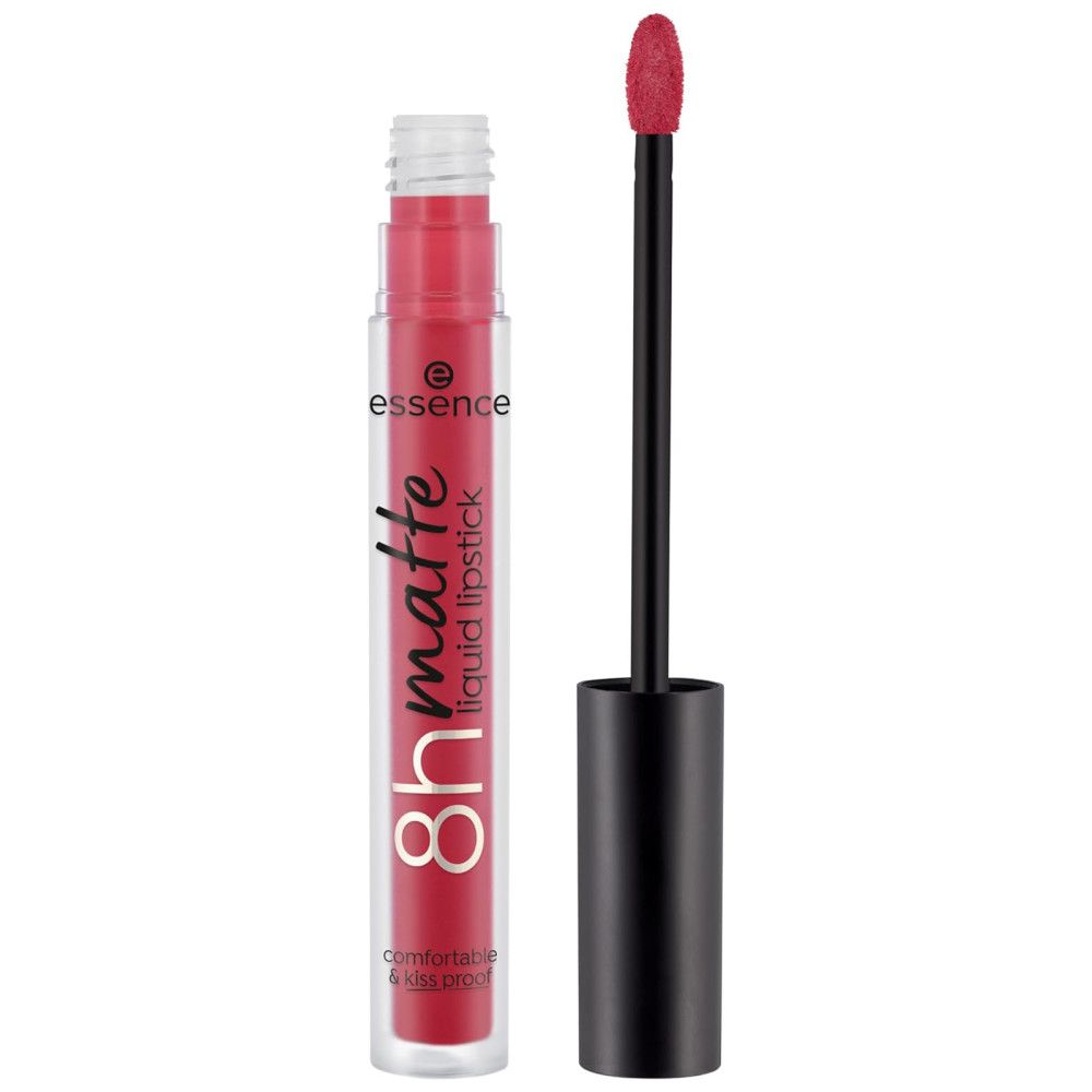 Essence 8h Matte Flüssiger Lippenstift. Roter Lippenstift in durchsichtiger Flasche mit schwarzem Deckel und Applikator. Marke und Produktbezeichnung sichtbar.