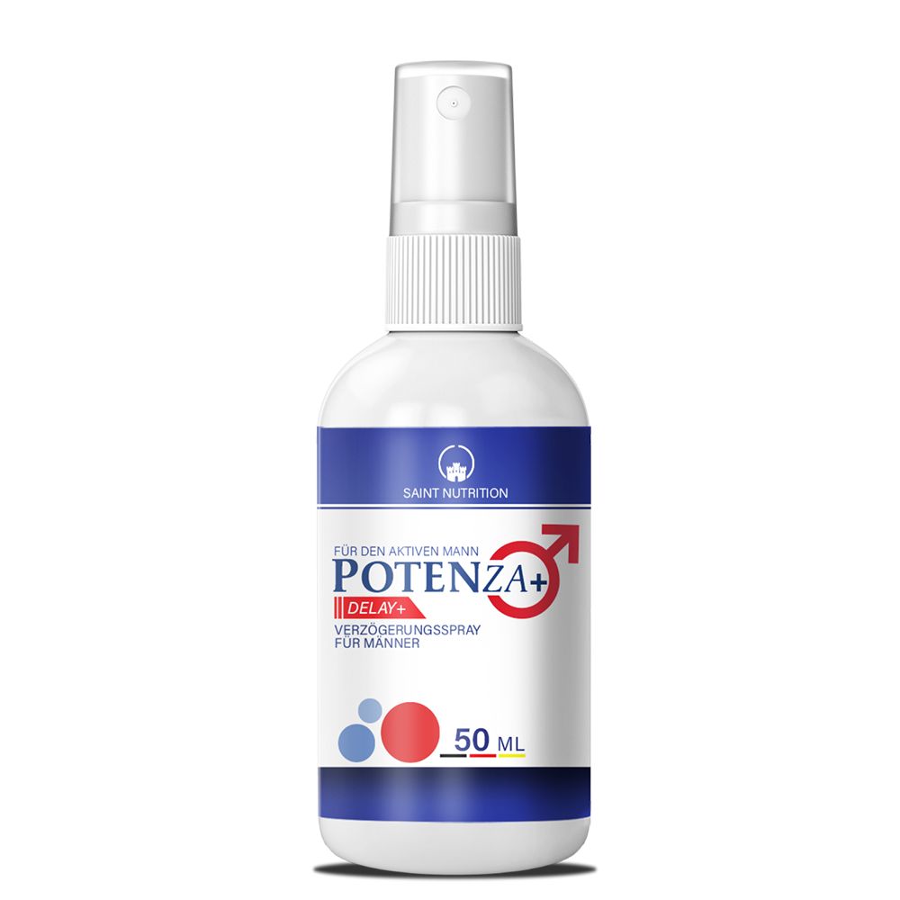 Weiße Sprühflasche mit blauem Band und rotem Akzent. Aufschrift: Potenza+ Delay, 50 ml. Saint Nutrition Logo.
