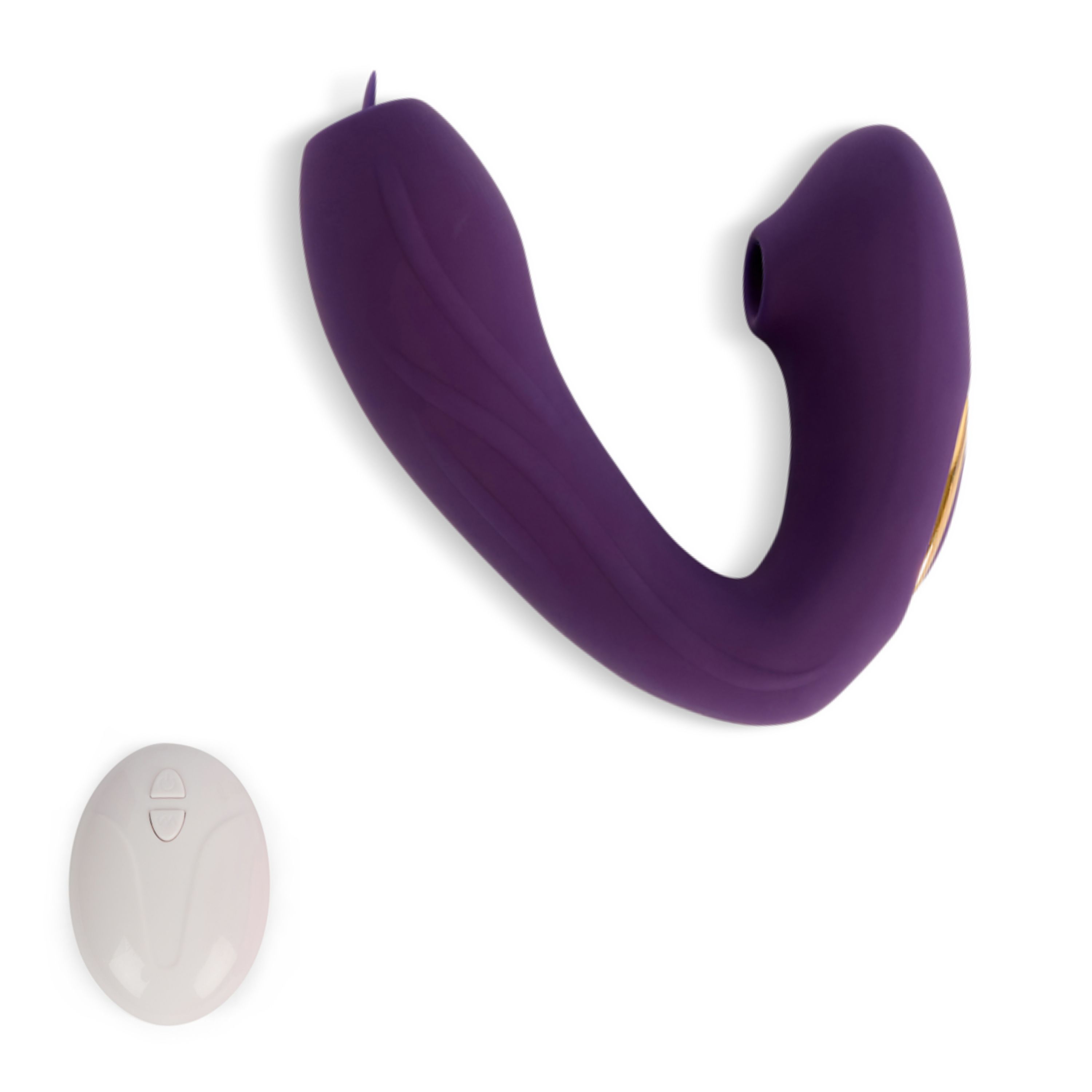 Lila Produkt mit gebogener Form und Öffnungen. Inklusive weißer Fernbedienung.