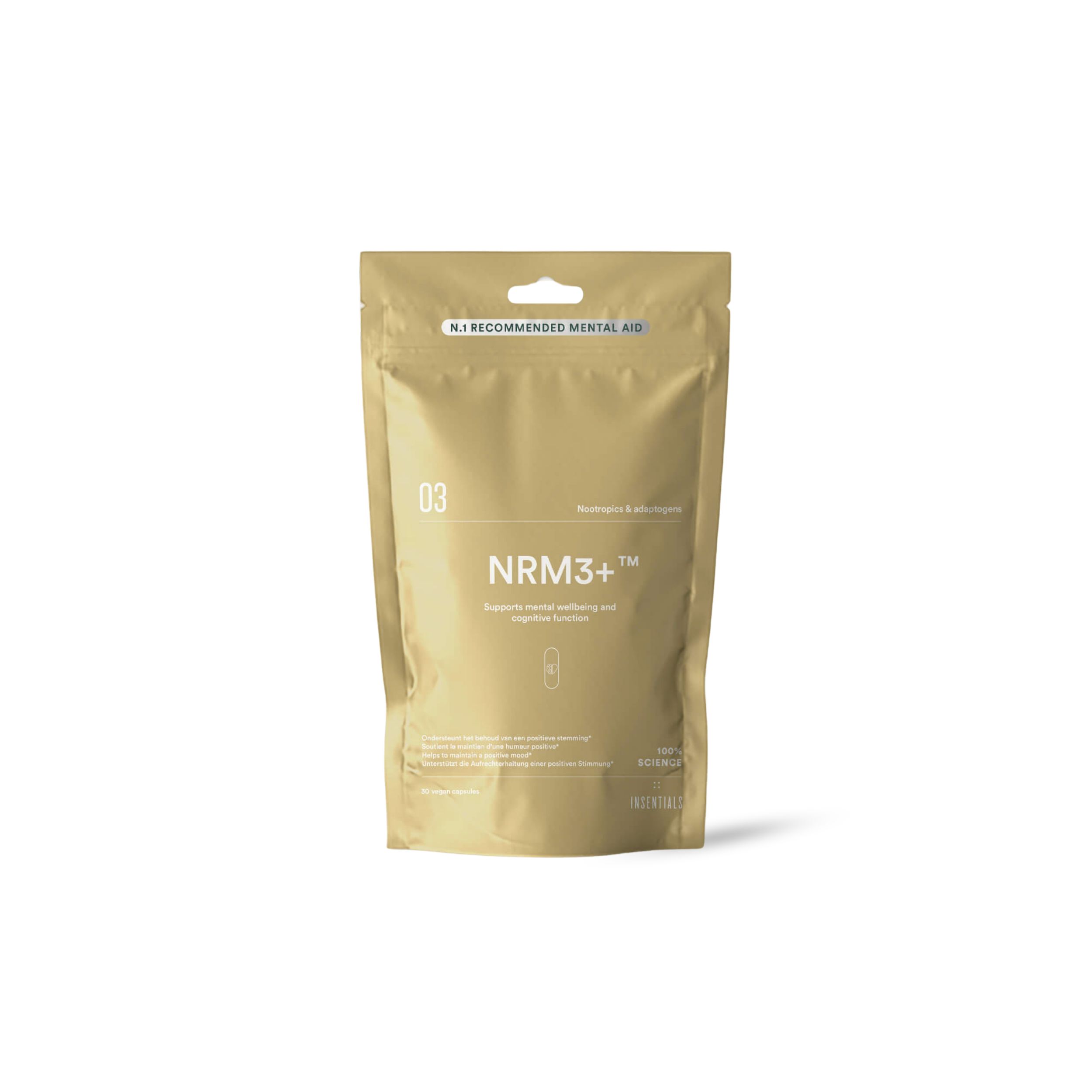 Beutel mit NRM3+ Aufschrift. Goldfarbene Verpackung mit Produktnamen und Logo. Empfohlen für mentale Gesundheit.