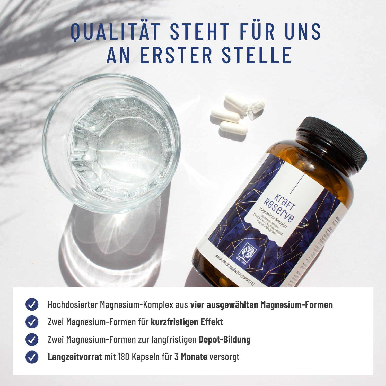 Glas Wasser, Kapseln und Flasche. Produktinformationen und Auflistung von Vorteilen: Magnesium-Komplex, Depot-Bildung.