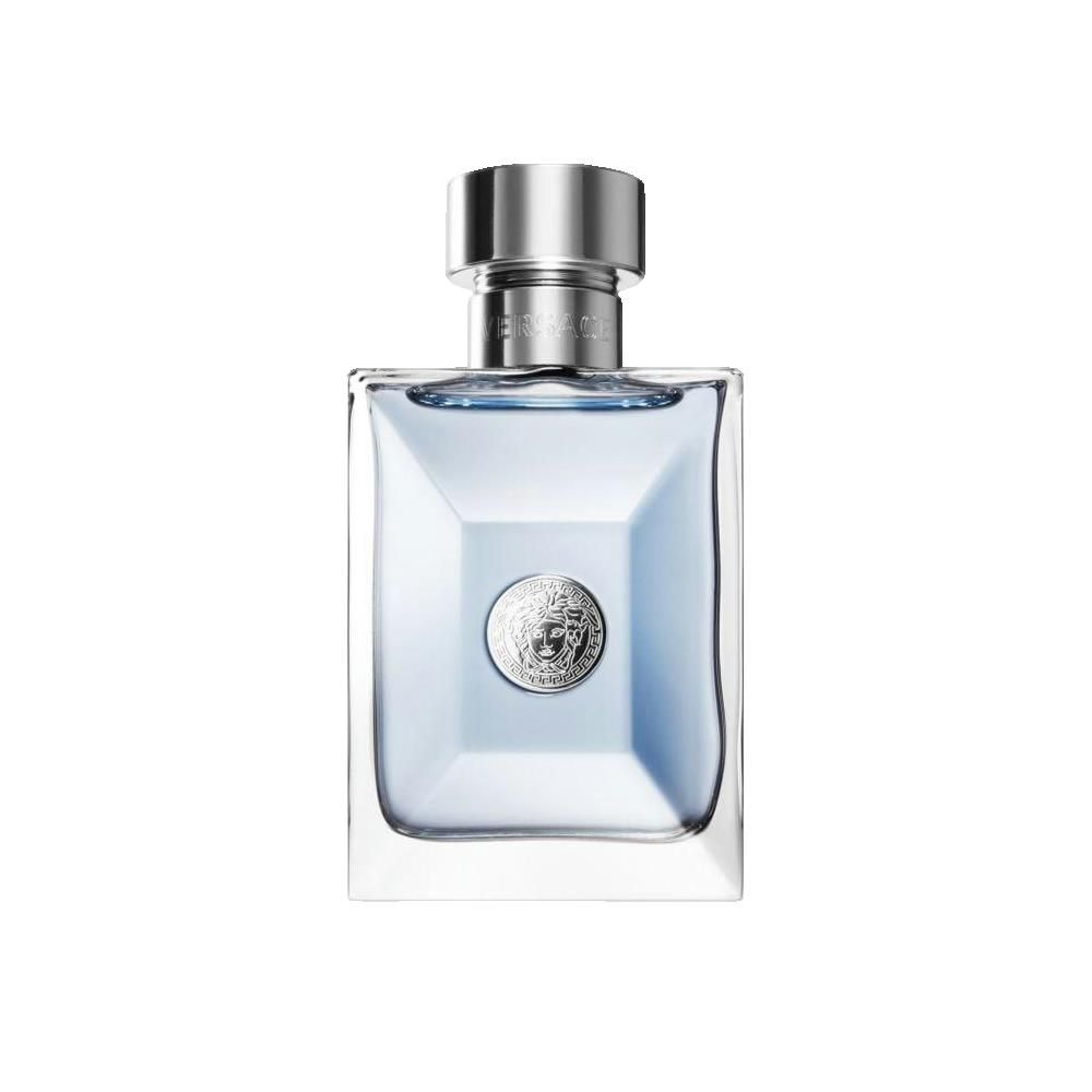 Flakon mit silbernem Verschluss und Logo. Rechteckige Form, hellblaue Flüssigkeit. Versace-Logo auf der Vorderseite.