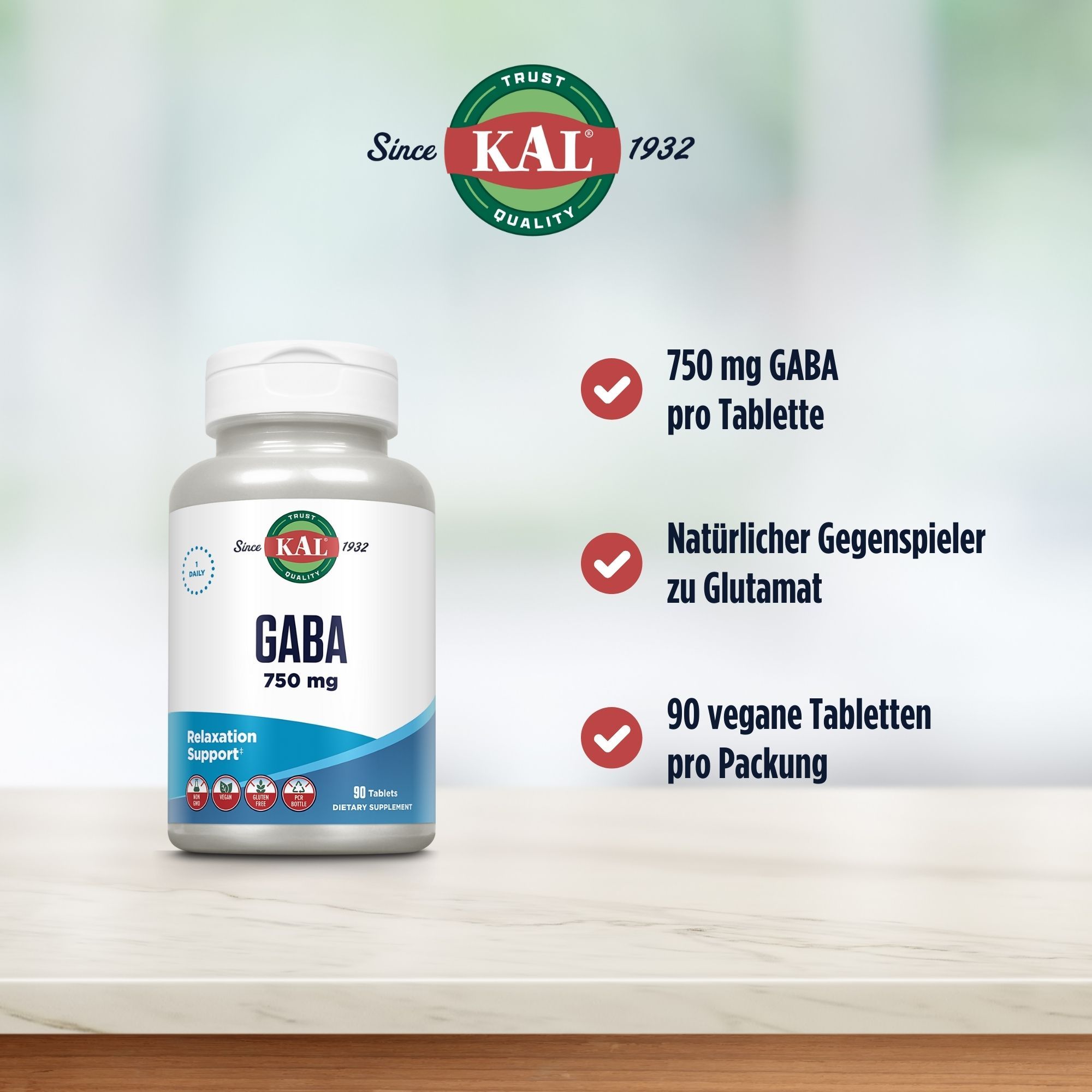 Eine Flasche KAL GABA 750 mg. Aufschrift: GABA 750 mg, Relaxation Support. 90 Tabletten. Logo.