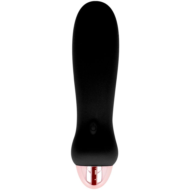 Schwarzer Silikon-Vibrator mit roségoldenem Ring am Ende.