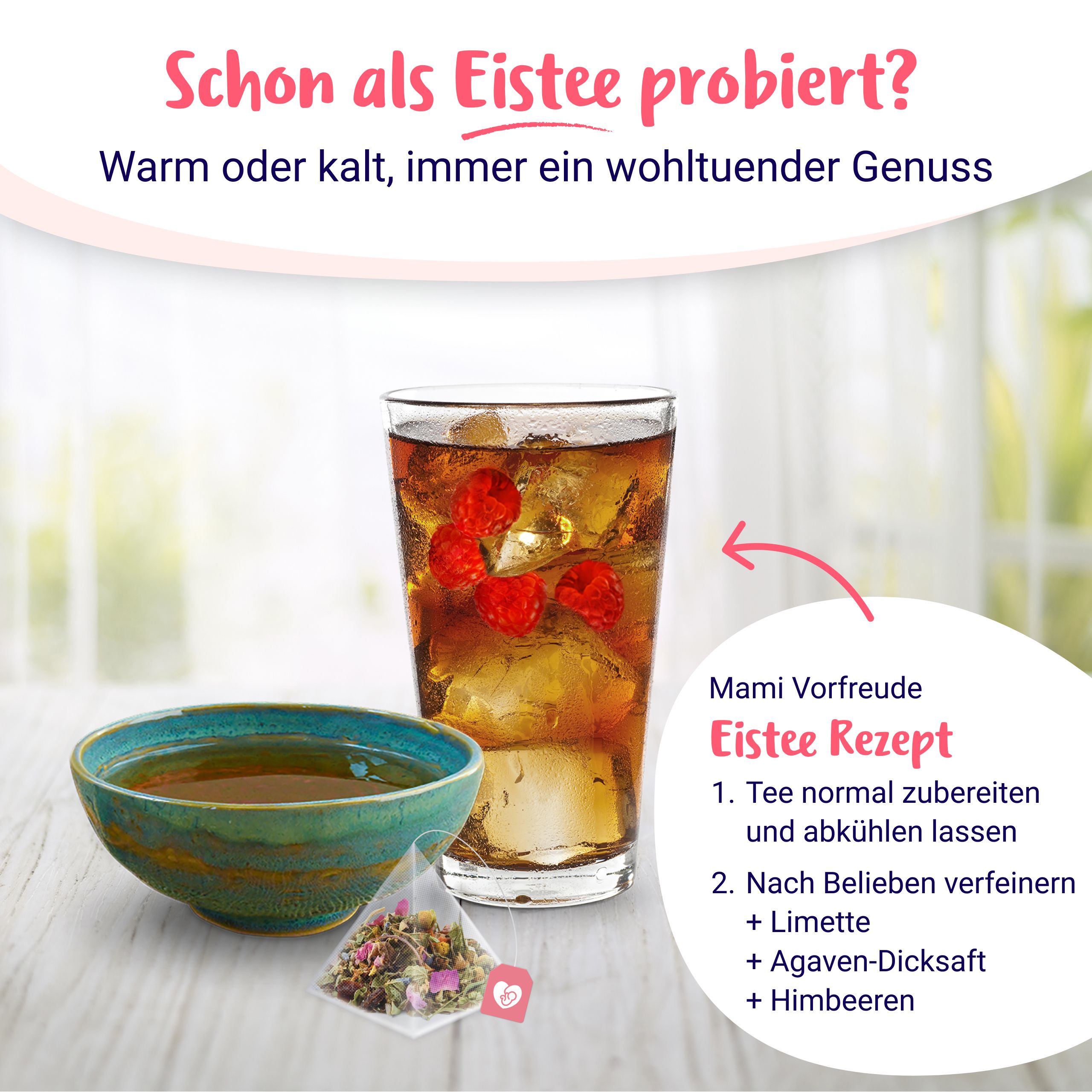 Mami Vorfreude Tee als Eistee zubereitet, mit Rezept und Kräutertee-Beutel.