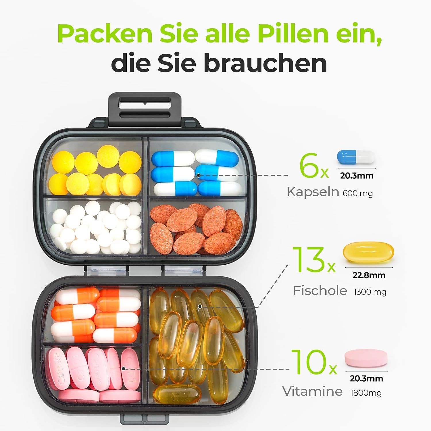 Schwarze Pillendose mit 4 Fächern, gefüllt mit Pillen und Kapseln.