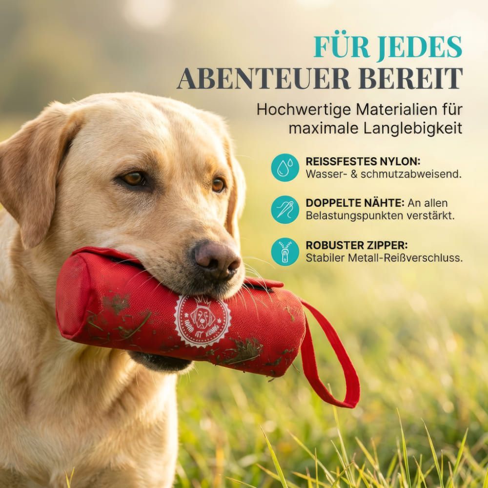 Ein roter Futterbeutel mit Handschlaufe. Text: Reißfestes Nylon, doppelte Nähte, robuster Reißverschluss.