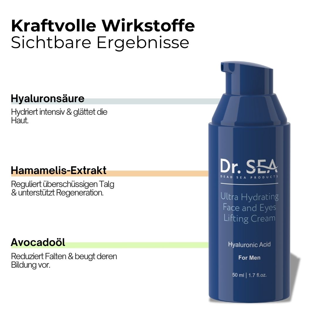 Blaue Creme-Tube mit Text: Kraftvolle Wirkstoffe, sichtbare Ergebnisse. Inhaltsstoffe: Hyaluronsäure, Hamamelis-Extrakt, Avocadoöl.