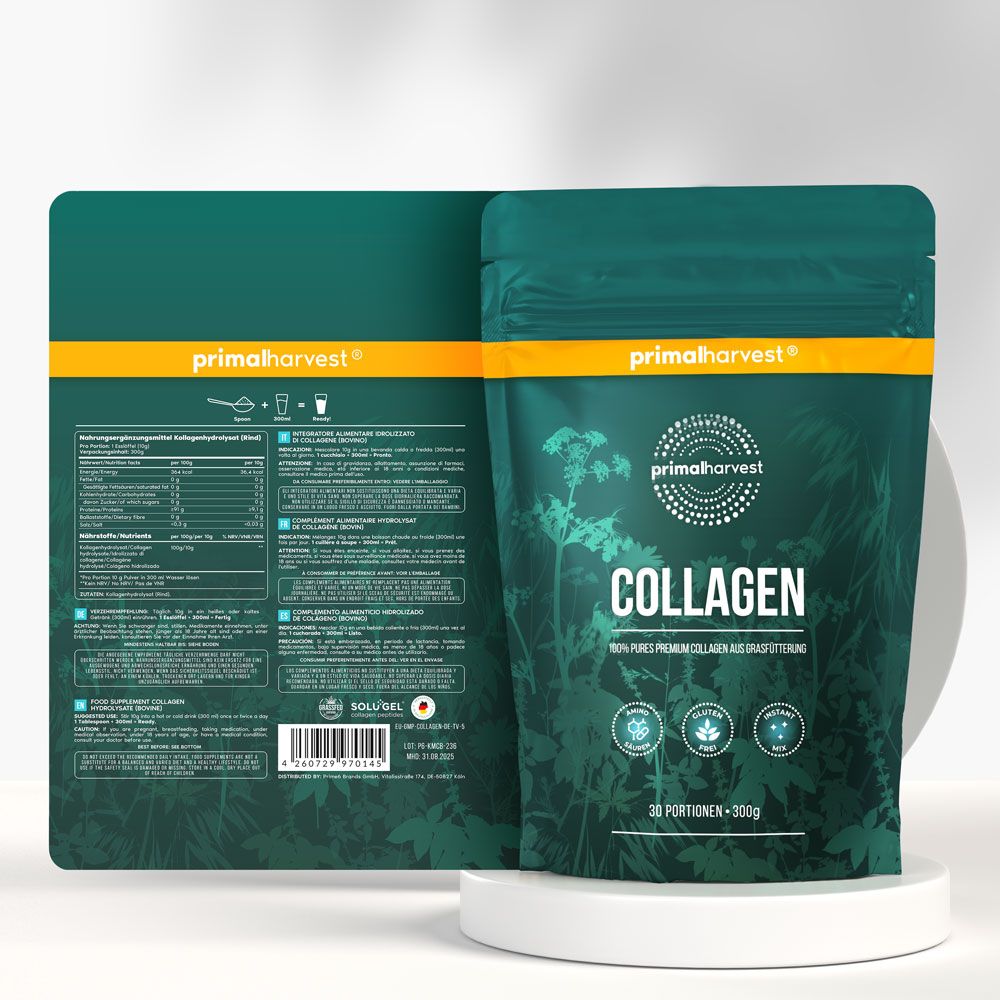 Grüne Verpackung mit Collagen-Pulver. Aufdruck: Primal Harvest, Collagen, 30 Portionen. Rückseite mit Nährwertangaben.