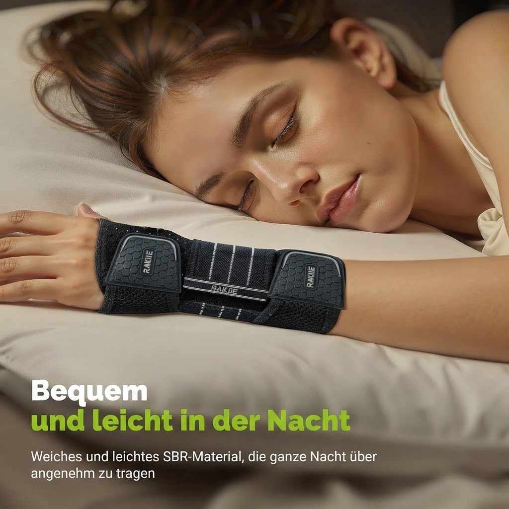 Handgelenkbandage wird einer schlafenden Person angelegt. Weiches Material.