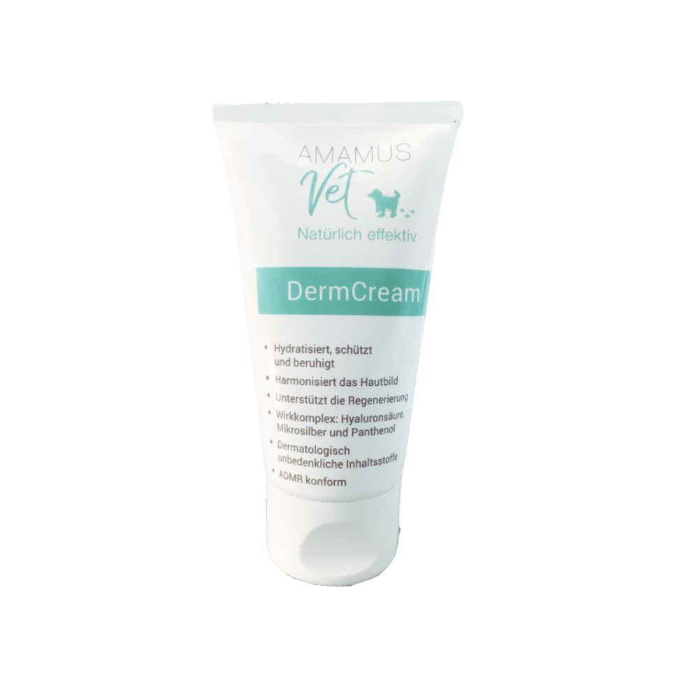 Creme-Tube mit AMAMUS Vet DermCream-Aufdruck. Weiß, mit grünem Streifen und Produktinformationen. Dermatologisch getestet.
