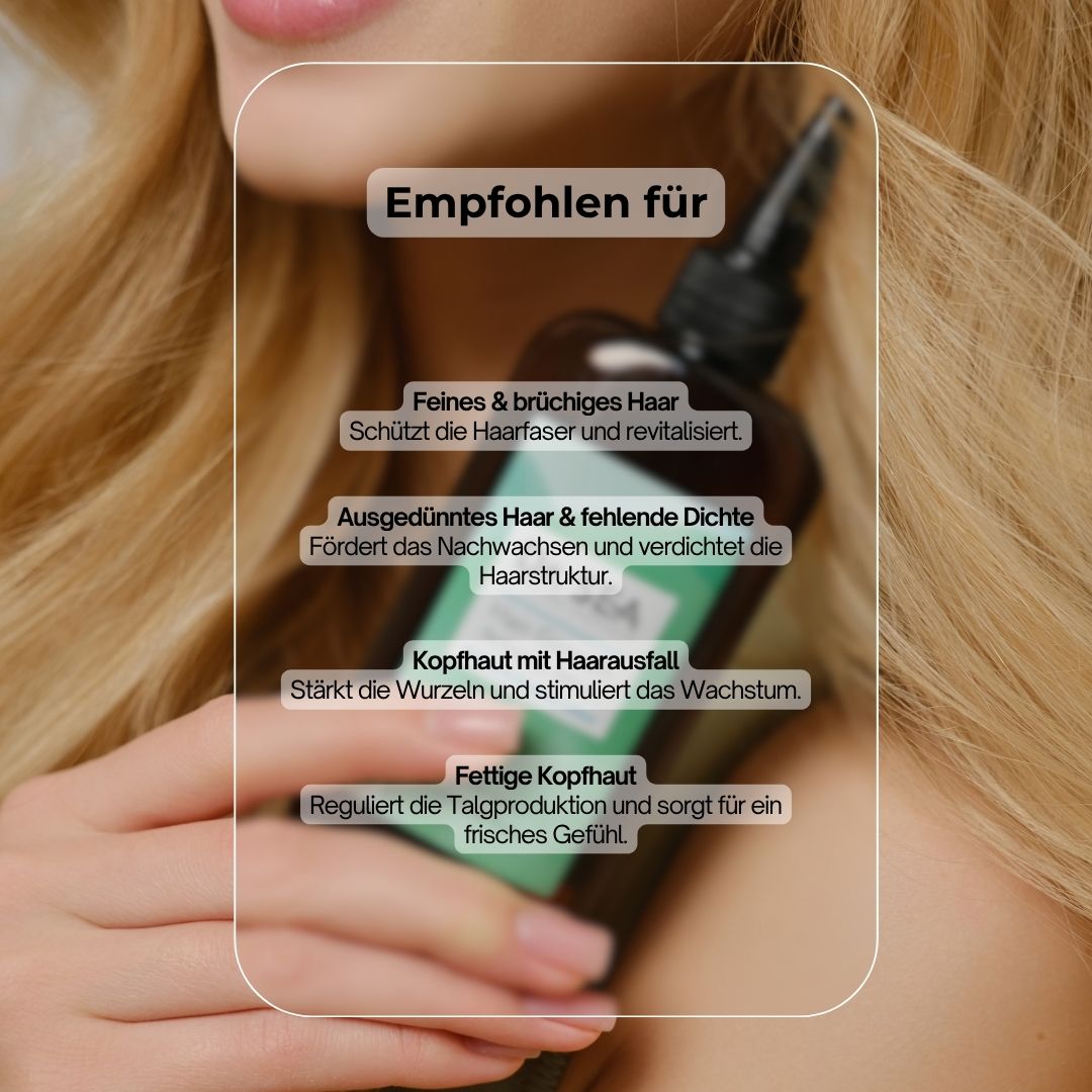 Produktflasche mit Text. Text: Empfohlen für feines & brüchiges Haar, ausgedünntes Haar, Kopfhaut mit Haarausfall, fettige Kopfhaut.