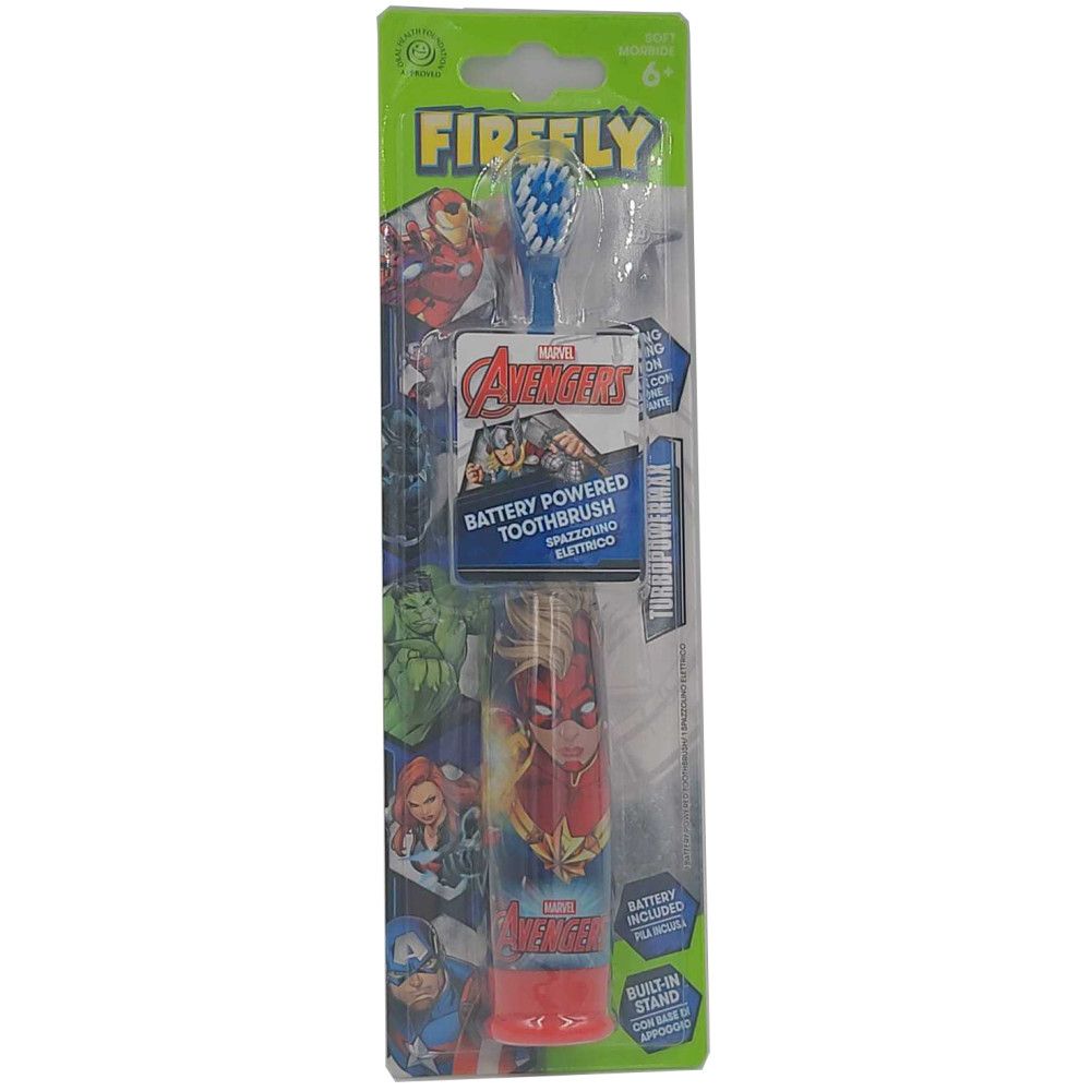 Firefly elektrische Zahnbürste für Kinder, Marvel Avengers Design. Die Zahnbürste ist in einer Blisterverpackung mit Avengers-Motiven verpackt. Sie hat einen blauen Bürstenkopf und einen Griff mit Captain Marvel und Avengers-Logo. Die Verpackung enthält Informationen zur Batterie und zum Ständer.