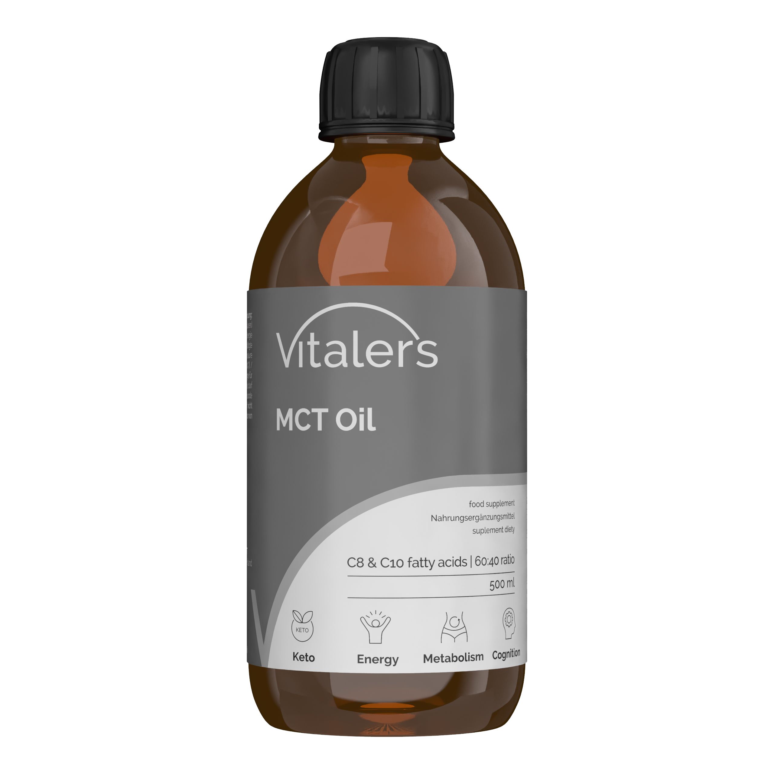 Braune Glasflasche mit schwarzem Deckel, Vitalers MCT Öl, 500 ml, C8 & C90 Fettsäuren.