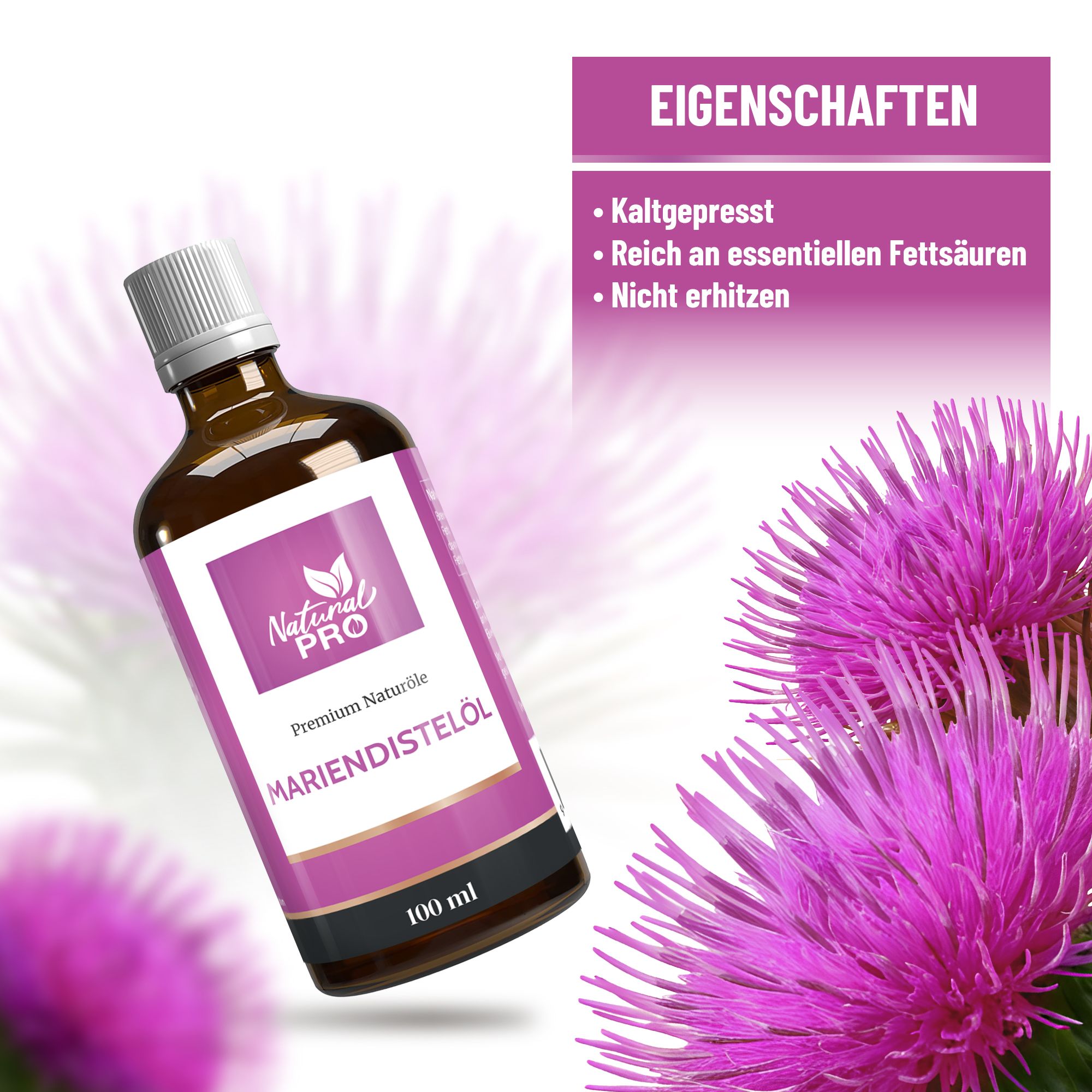 Braune Glasflasche mit weißem Deckel. Etikett mit Logo und Schriftzug Mariendistelöl. 100 ml. Hintergrund: Distelblüten.