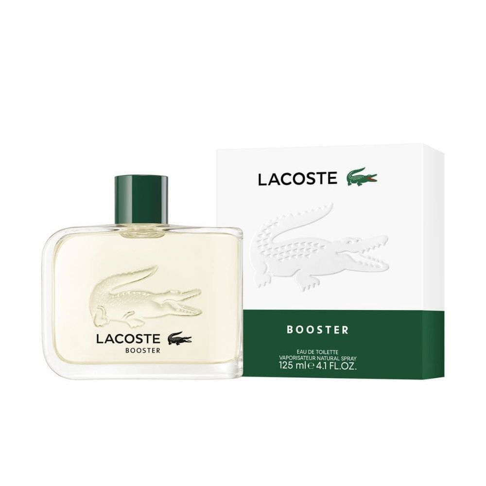 Lacoste Booster Eau de Toilette Flakon und Karton. Weißer Karton mit Krokodil-Prägung und grünen Akzenten.