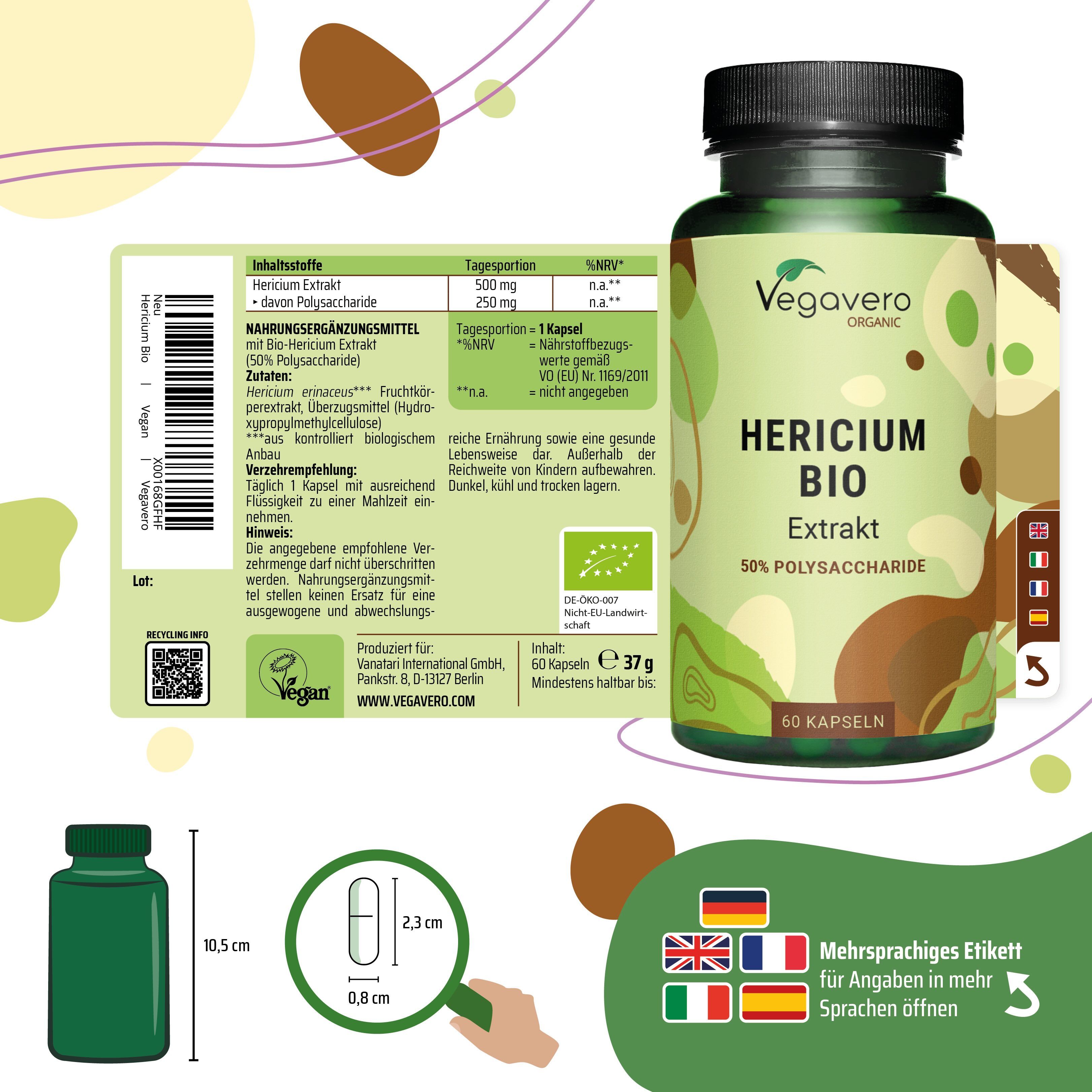 Grüne Flasche mit schwarzem Deckel und Etikett. Aufschrift: Hericium BIO Extrakt, 50% Polysaccharide. 60 Kapseln. Mit Etikett-Informationen.