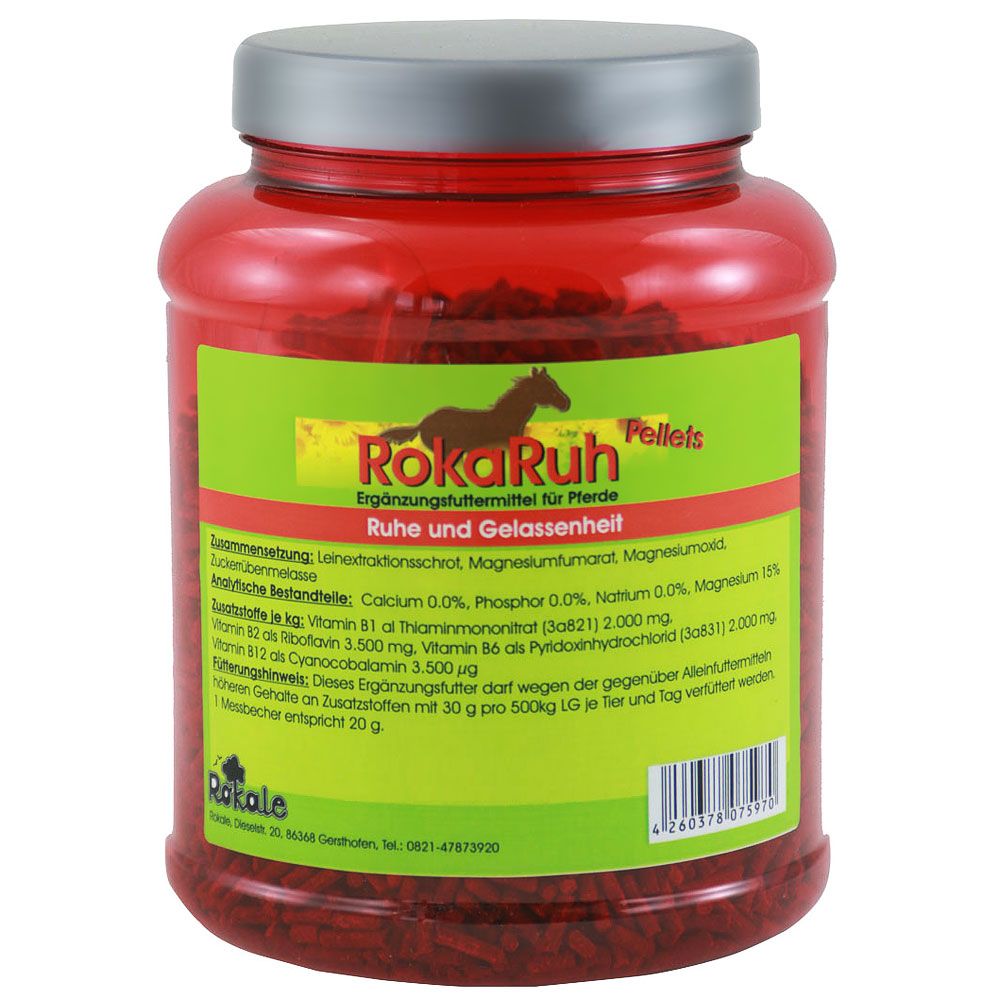 Rote, zylindrische Dose mit silbernem Deckel. Aufkleber mit Produktnamen RokaRuh, Text und einem Pferd. Ergänzungsfuttermittel für Pferde.