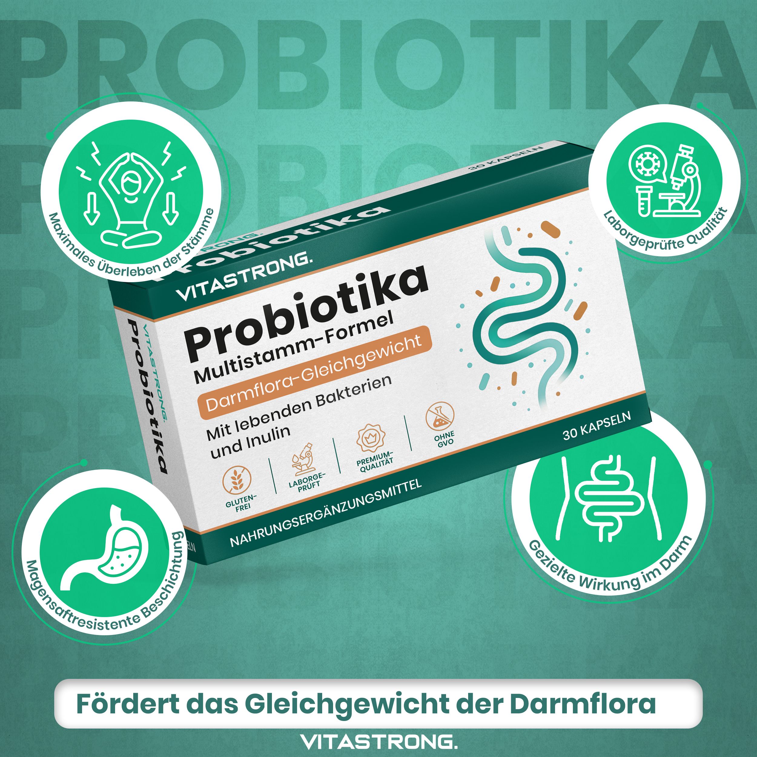 Schachtel Vitastrong Probiotika. Text: Fördert das Gleichgewicht der Darmflora. 30 Kapseln. Vitastrong.