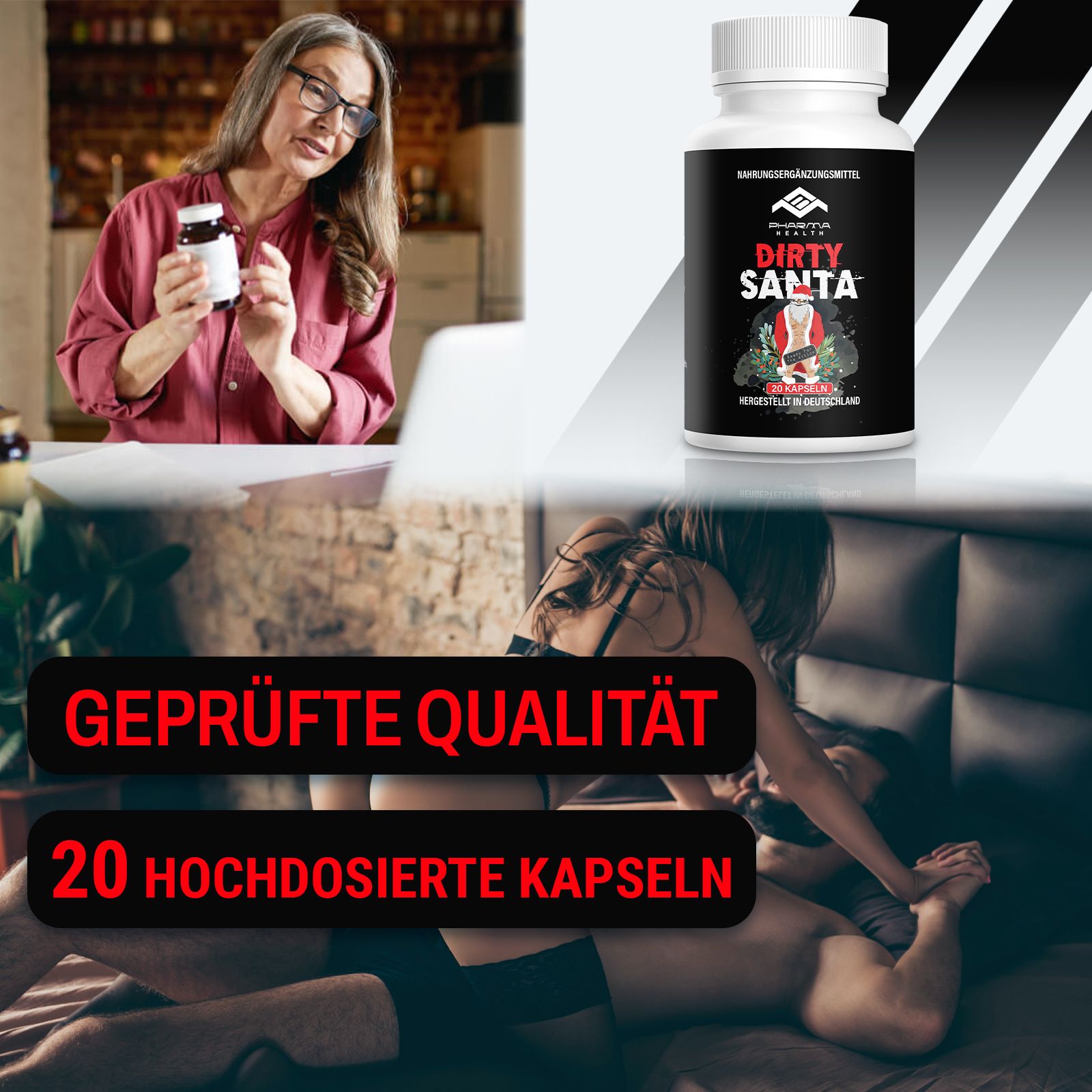 Weiße Flasche mit schwarzem Etikett. Aufschrift: Dirty Santa, Nahrungsergänzungsmittel. Frau hält Flasche, Text: Geprüfte Qualität, 20 Kapseln.