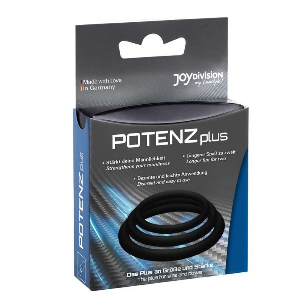 Schwarze Penisringe im Karton. Marke JOYDIVISION, Produktname POTENZ plus. Verpackung mit Produktinformationen.