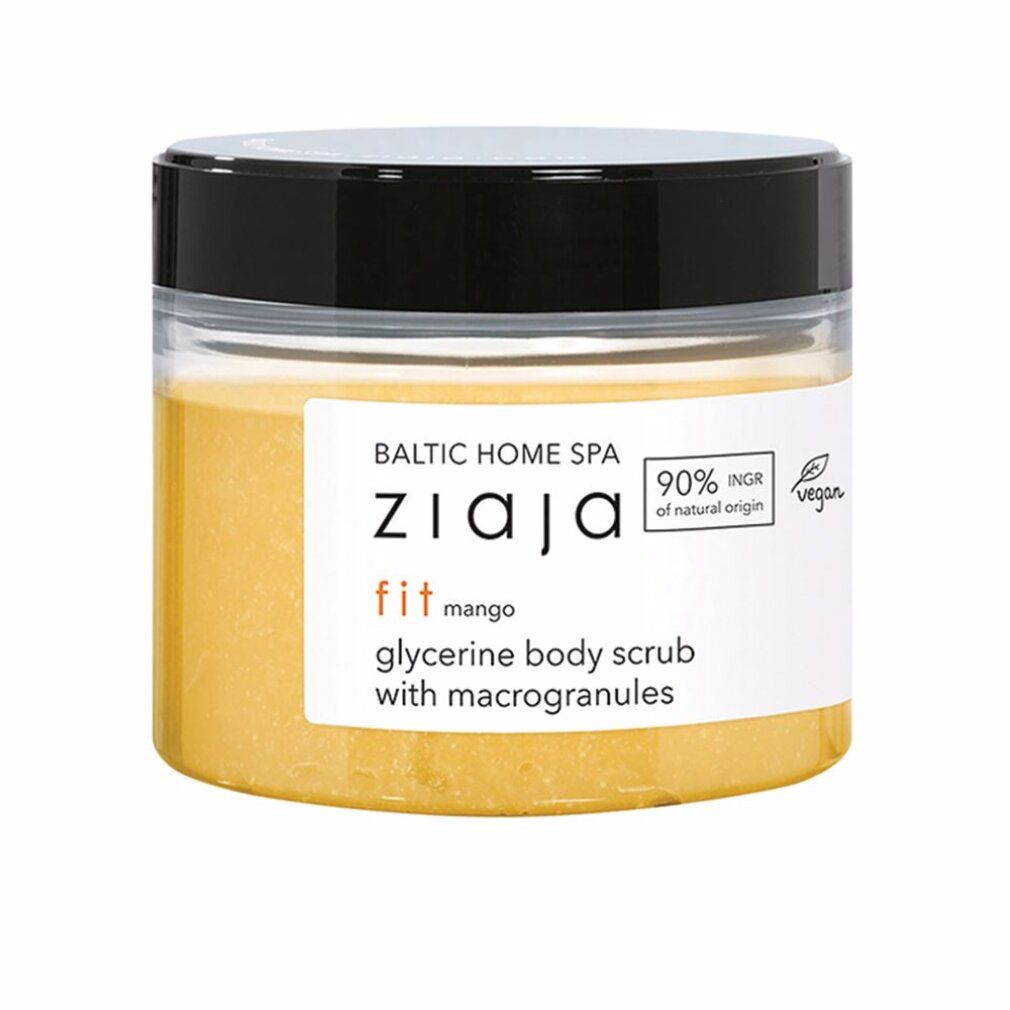 Behälter mit gelbem Körperpeeling. Aufkleber mit Text: ZIAJA fit mango, Glycerin-Körperpeeling mit Makrokörnern. Vegan-Siegel.