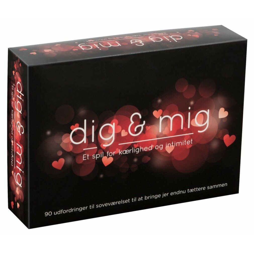 Schwarze Box mit rotem Herz-Design und Text. Aufschrift "dig & mig" und "Et spil for kærlighed og intimitet".