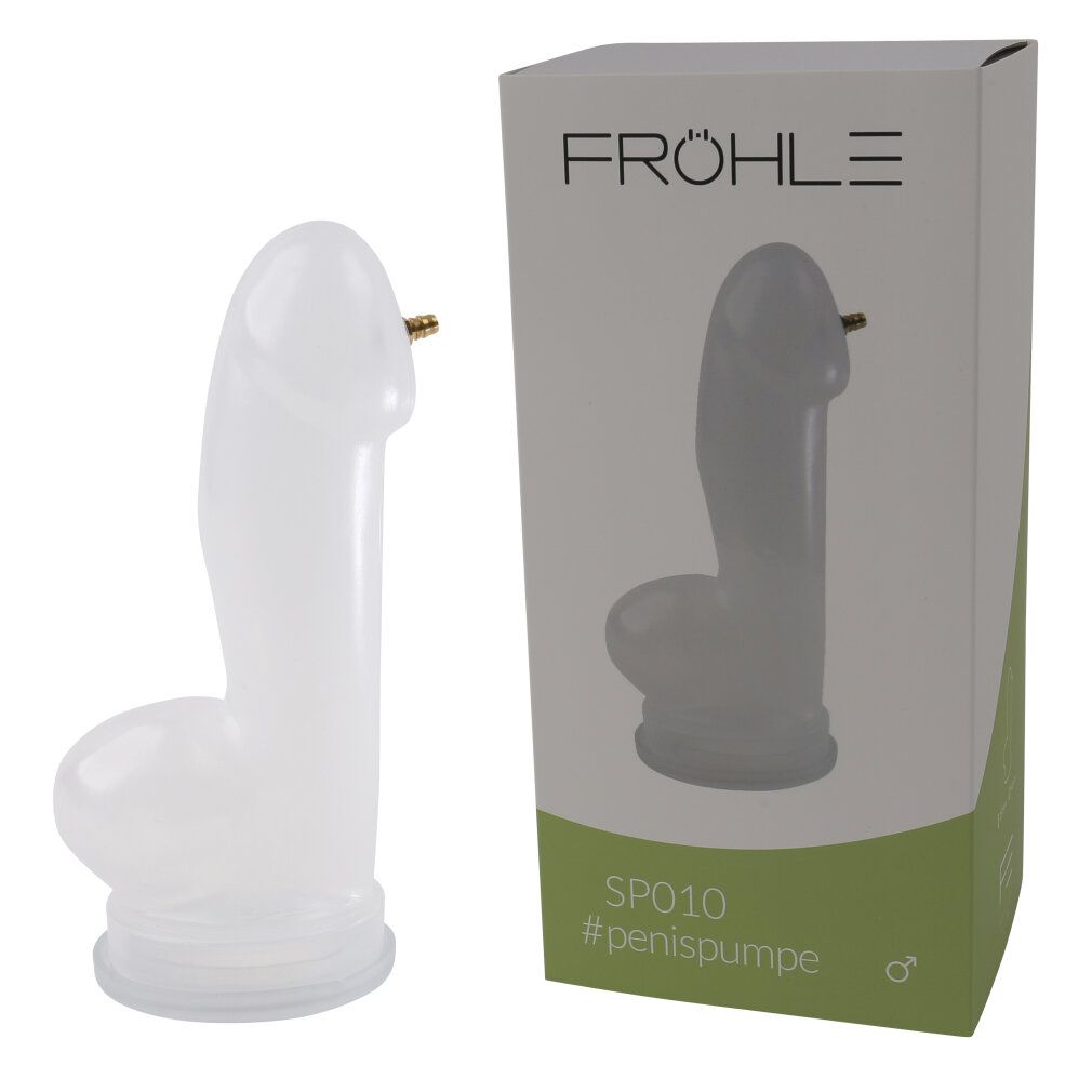 Produkt und Verpackung. PenisZylinder XL neben Box. Box mit Logo, Text und Produktabbildung. Transparentes Material.
