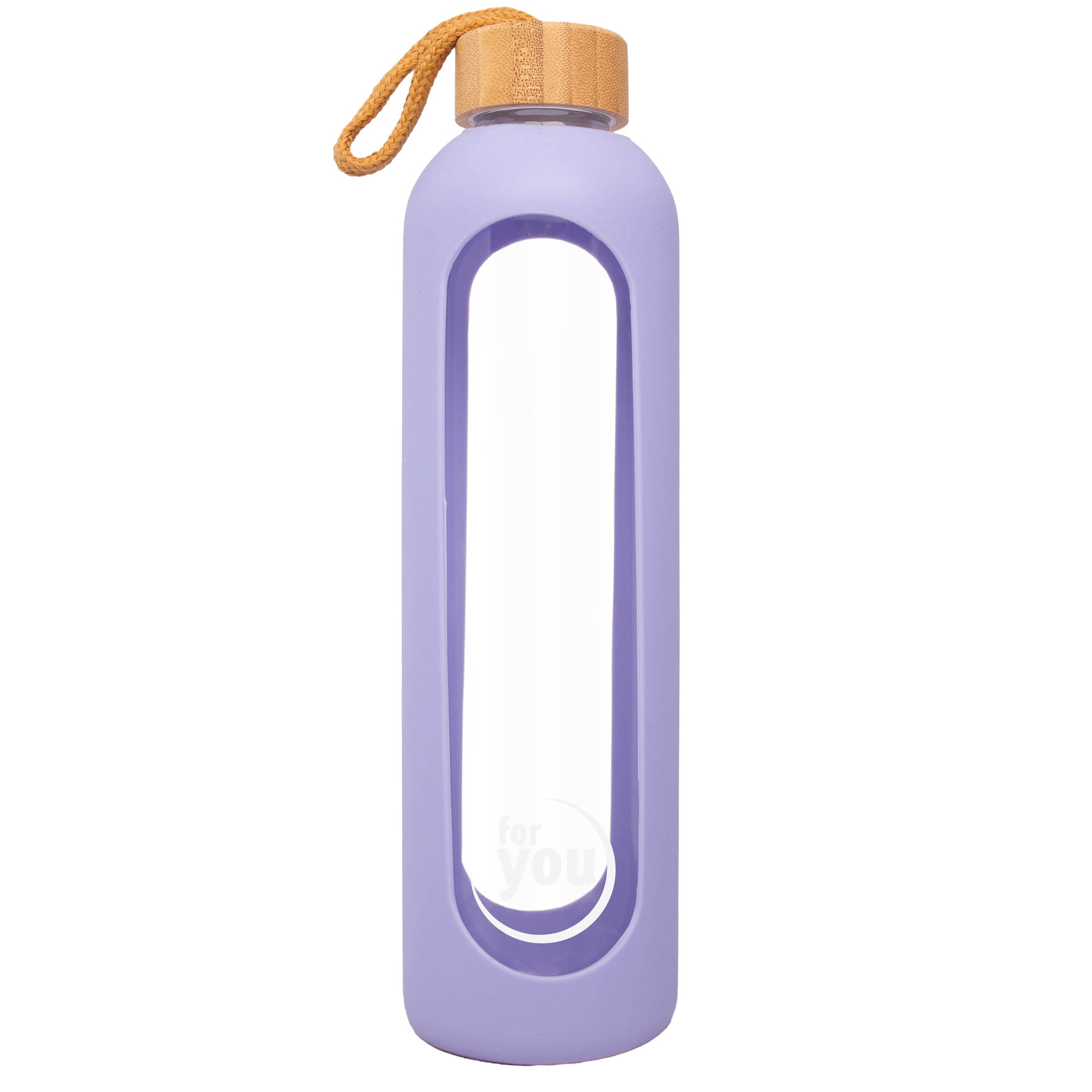 Lila Glas-Trinkflasche mit Bambusdeckel und Trageschlaufe.