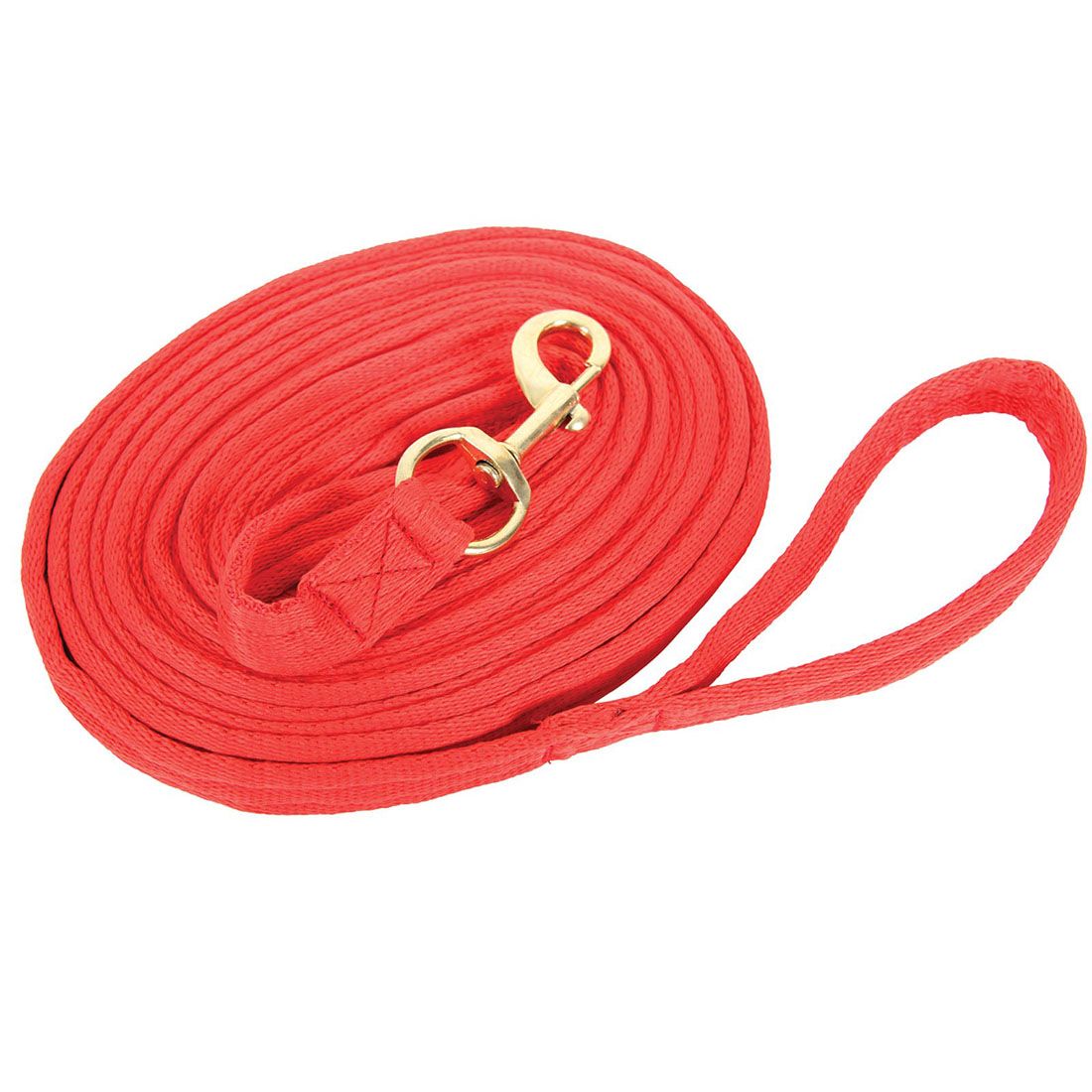 Rote Longierleine, aufgerollt. Mit Karabinerhaken und Handschlaufe.