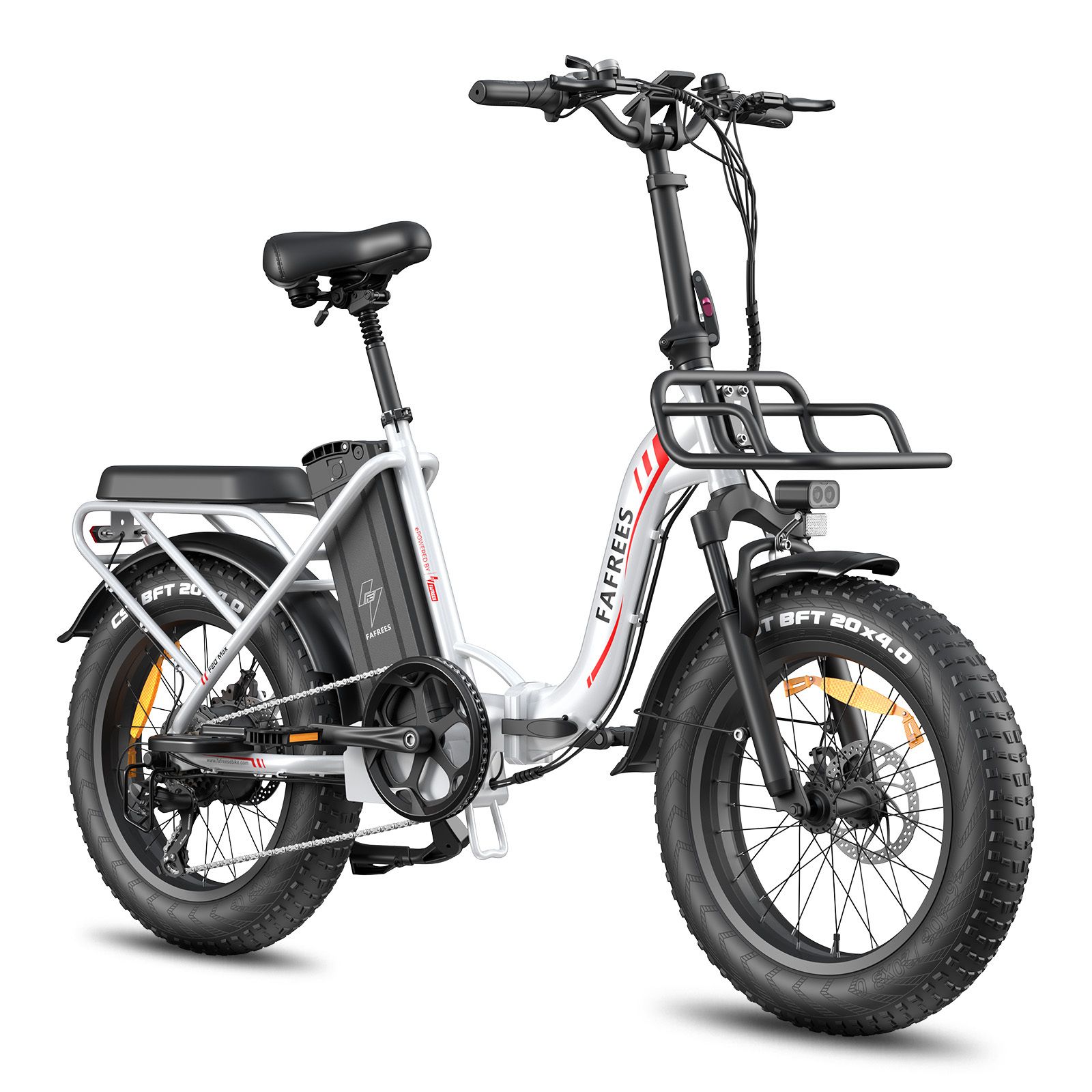 Falt-E-Bike mit weißem Rahmen, schwarzem Sattel und Reifen. FAFREES-Logo sichtbar. Gepäckträger.