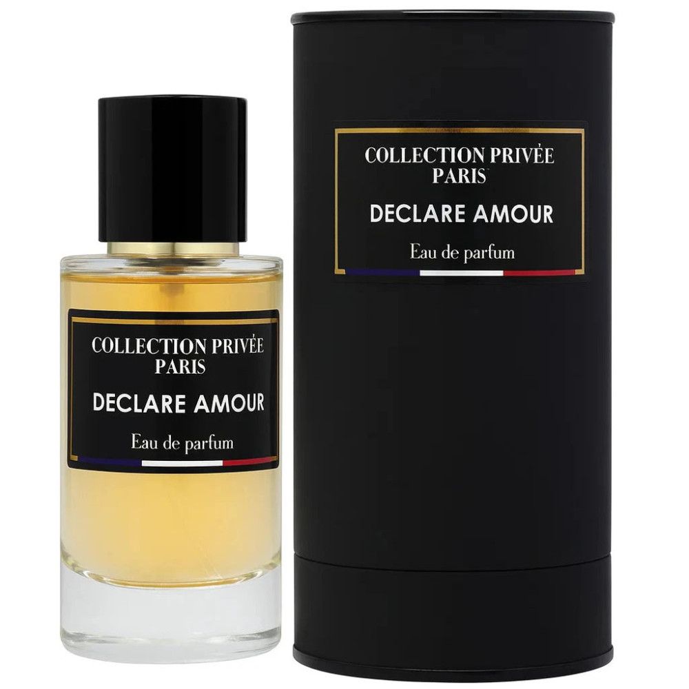 Parfümflakon und schwarze Verpackung. Aufschrift: Collection Privée Paris, Declare Amour, Eau de parfum. Französische Flagge.