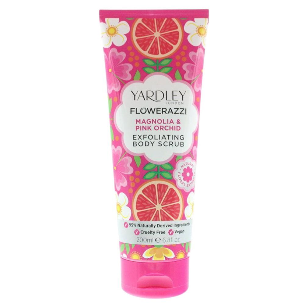 Yardley Flowerazzi Magnolia & Pink Orchid Körperpeeling, 200ml. Mit Blumen- und Zitrussymbolen.