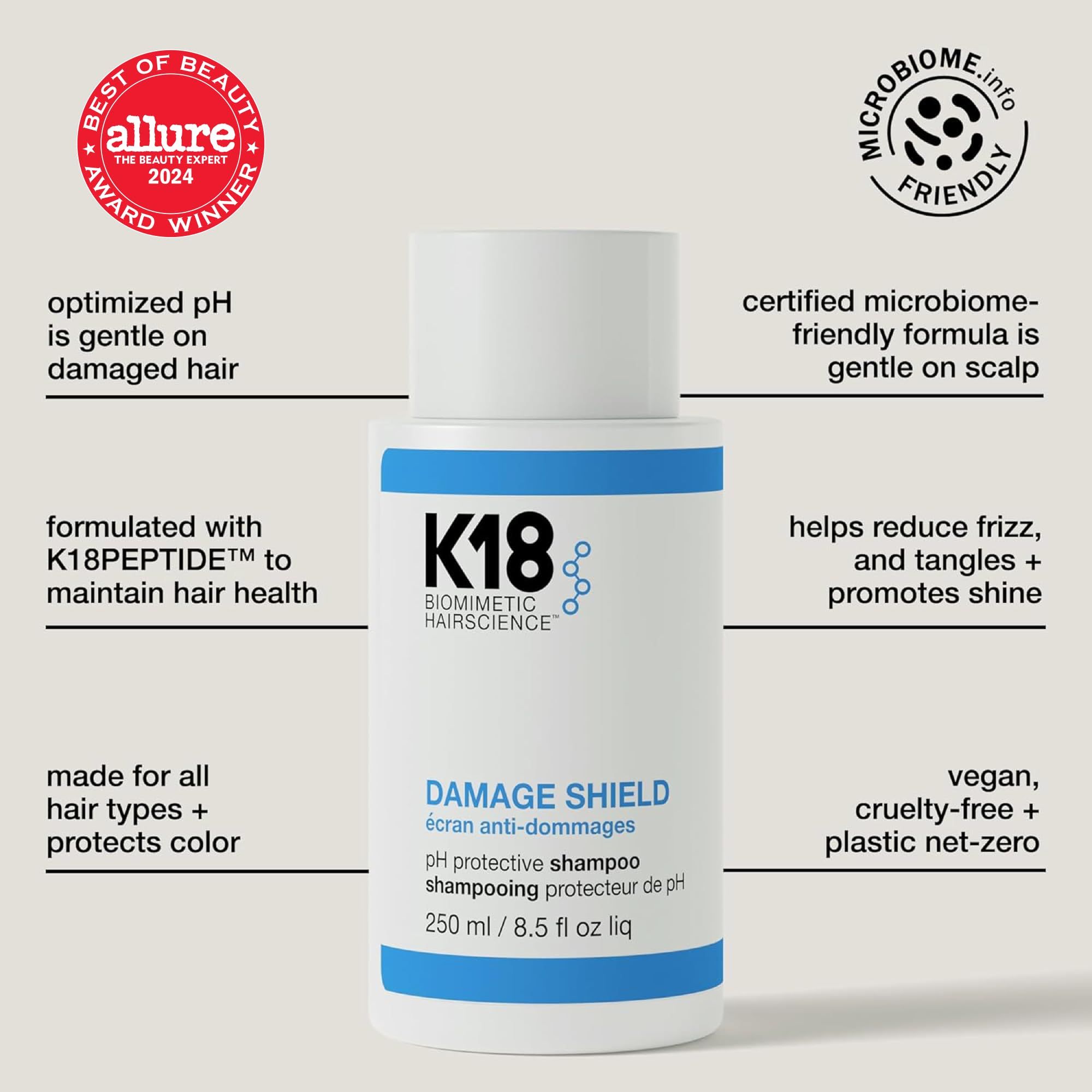 K18 Damage Shield Shampoo Flasche mit Textfeldern zu Vorteilen und Siegeln.