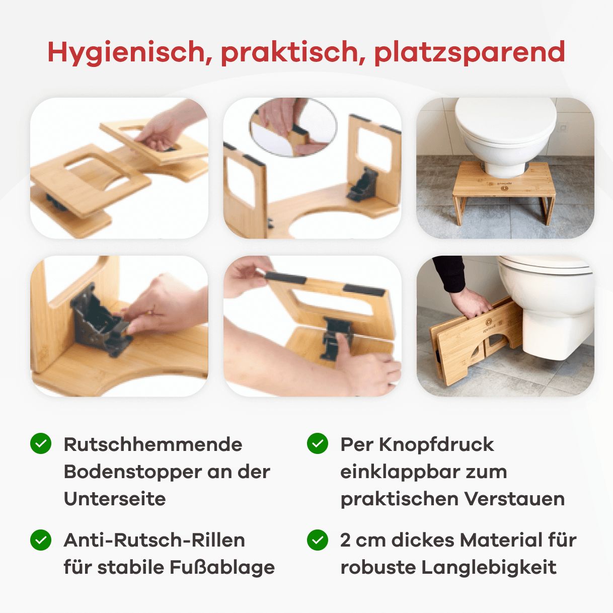 Bambus-Toilettenhocker, faltbar. Mehrere Ansichten: gefaltet, entfaltet, Details. Text: rutschhemmend, einklappbar, 2 cm Material.