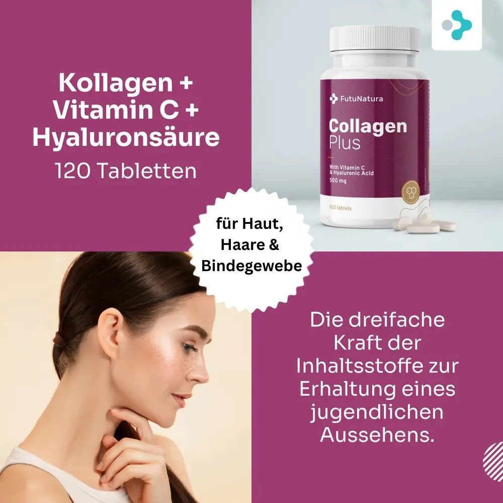 Flasche mit lila Etikett und weißen Tabletten. Text: Kollagen + Vitamin C + Hyaluronsäure, 120 Tabletten. Frau mit Haut. Text: Für Haut, Haare & Bindegewebe.