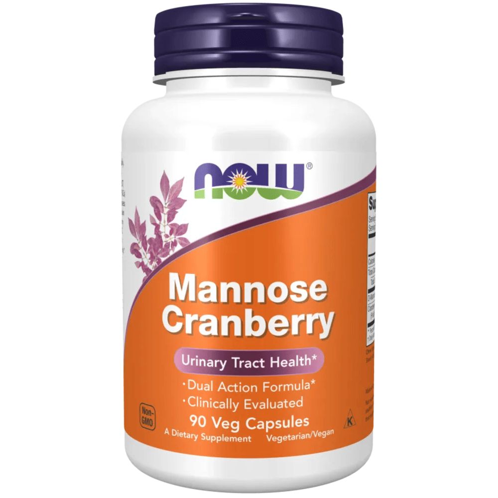 Weiße Flasche mit lila Deckel. Aufschrift: Mannose Cranberry, 90 Veg Capsules. Marke: NOW.