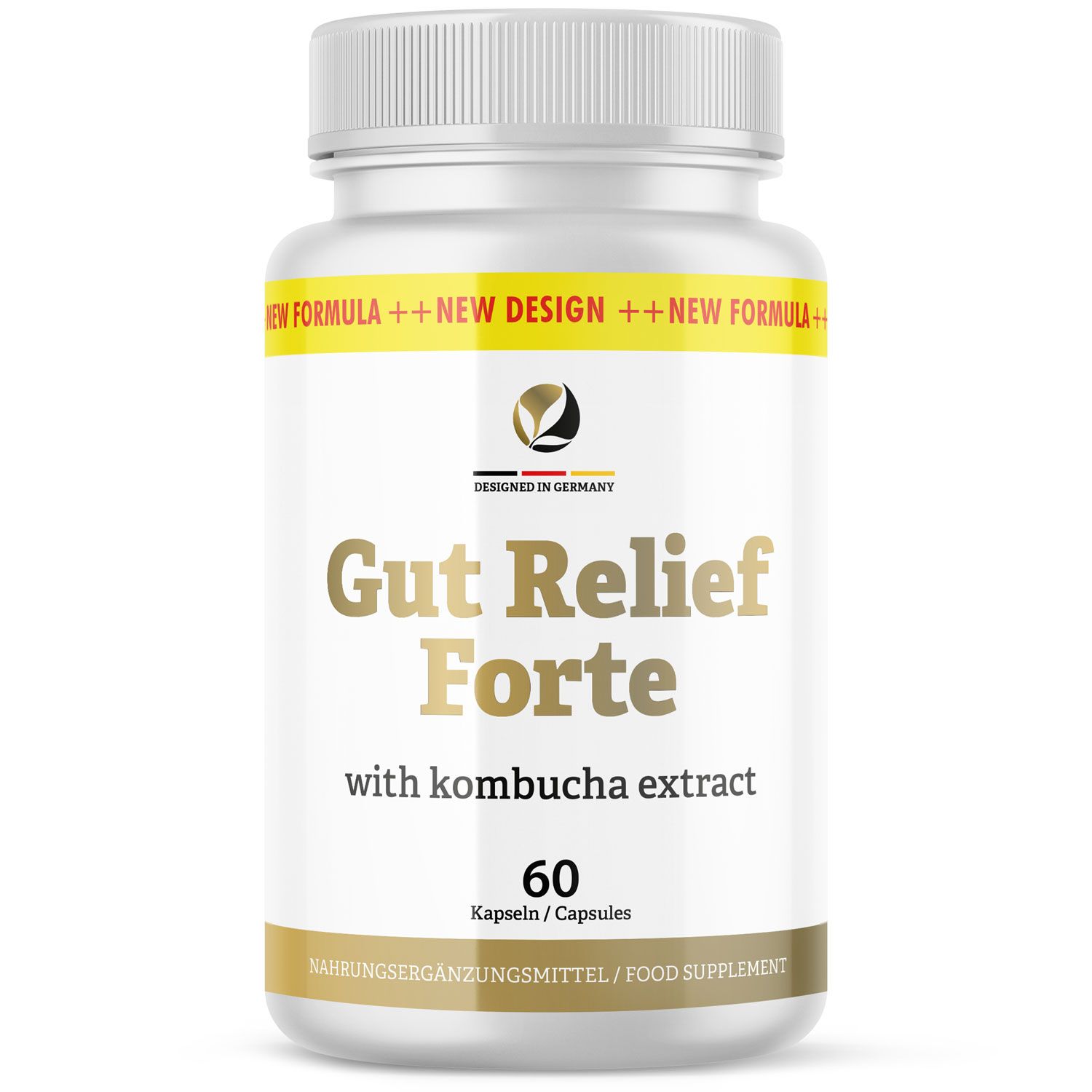 Weiße Flasche mit "Gut Relief Forte" Kapseln. Enthält 60 Kapseln. Aufschrift: "with kombucha extract".