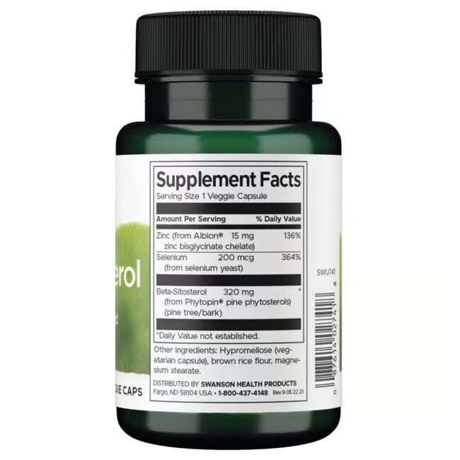 Rückseite einer grünen Flasche. Aufschrift: Supplement Facts. Enthält Beta-Sitosterol 320 mg. Zutatenliste und Nährwertangaben.