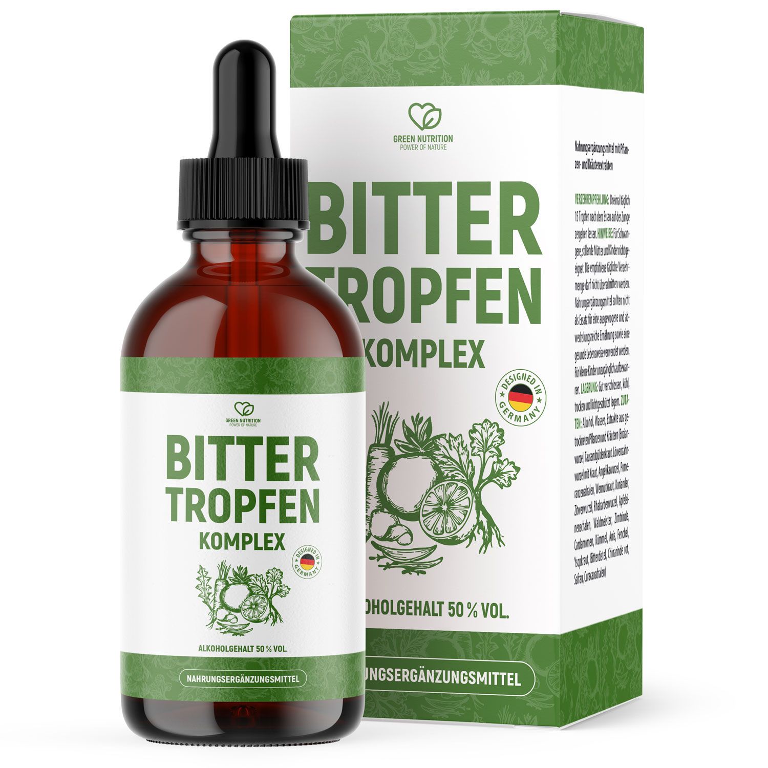 Braune Glasflasche mit Tropfer und Verpackung. Aufschrift: Bitter Tropfen Komplex. Enthält Kräuterauszüge, hergestellt in Deutschland.