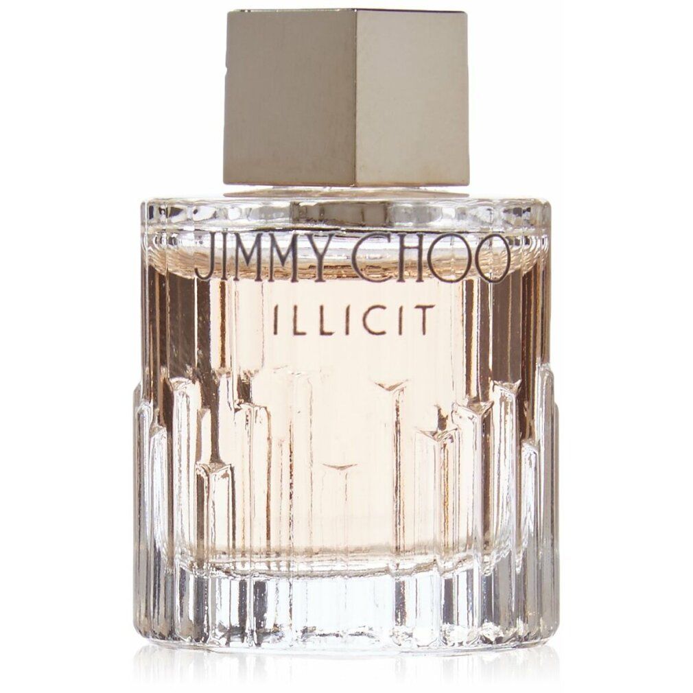 Parfümflakon mit silbernem Deckel. Aufschrift: Jimmy Choo Illicit. Klarer Glasflakon mit geriffelter Basis.