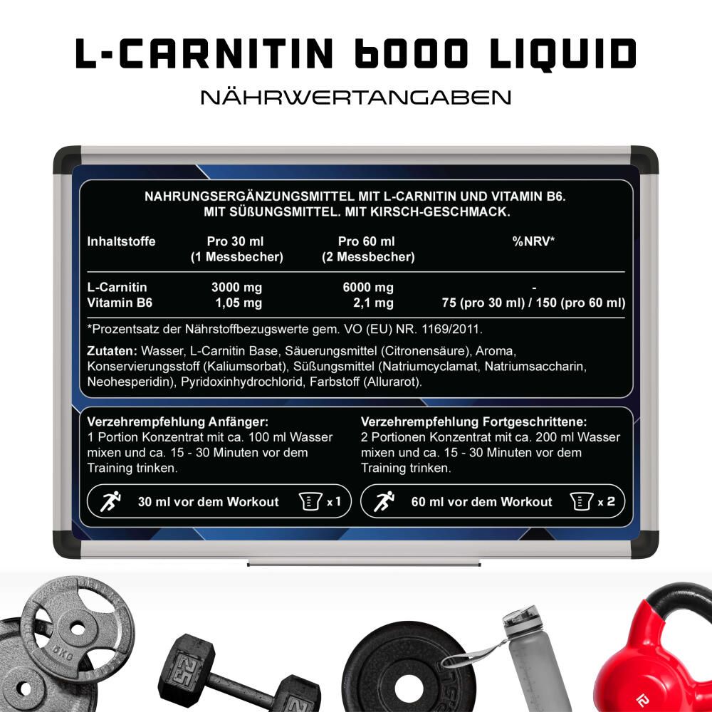 Nährwertangaben für L-Carnitin 6000 Liquid. Enthält L-Carnitin und Vitamin B6. Dosierung: 30 ml und 60 ml. Zutaten und Verzehrempfehlung.