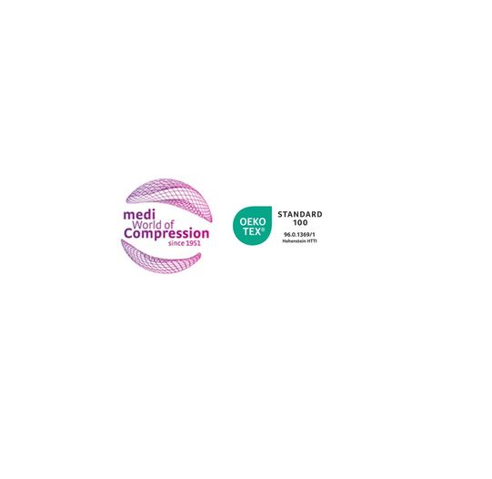 Logo von medi World of Compression, neben dem Oeko-Tex Standard 100 Zertifikat.