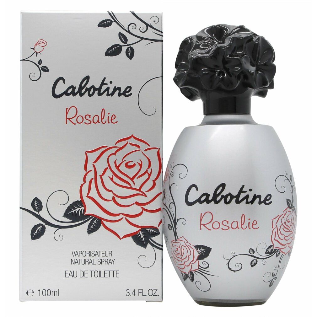 Flakon und Schachtel. Flakon silberfarben, schwarzer Blütenverschluss. Aufschrift Cabotine Rosalie. Schachtel mit Rose.